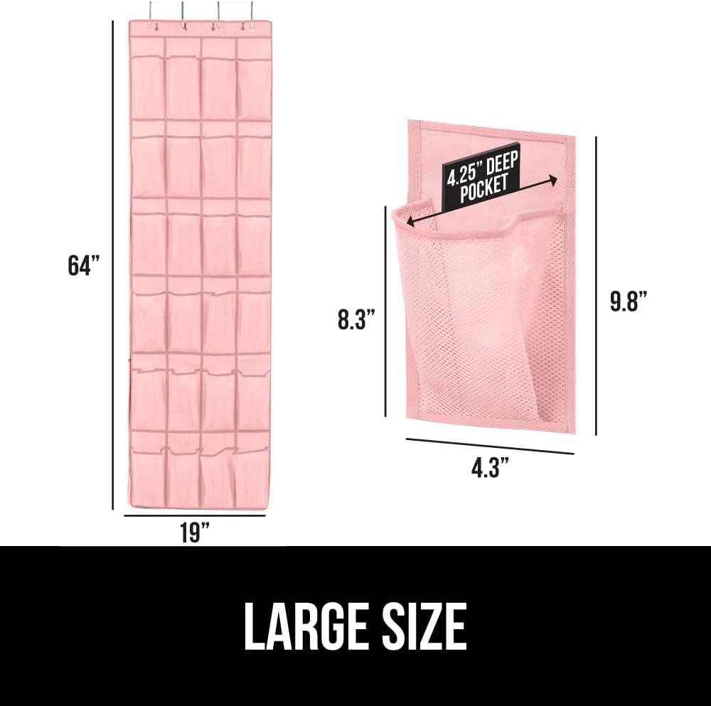 GORILLA GRIP Over the Door Shoe Organizer, 24 Large Breathable Mesh Pockets, Space Saving Hanging Storage Holder, Closet Rack Hanger Holds Up to 40 lbs, Hangs on Closets for Shoes, Accessories, Pink