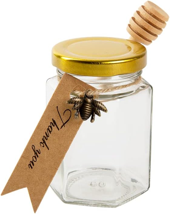 12 Pack 4oz Glass Hexagon Honey Jars Golden Lids - Extra Wooden Honey Dipper Sticks, Bee Charms, Tag String, Thank You Gift Tags, Wedding Favors Gifts, Baby Shower Party Canning Jar(Bronze)