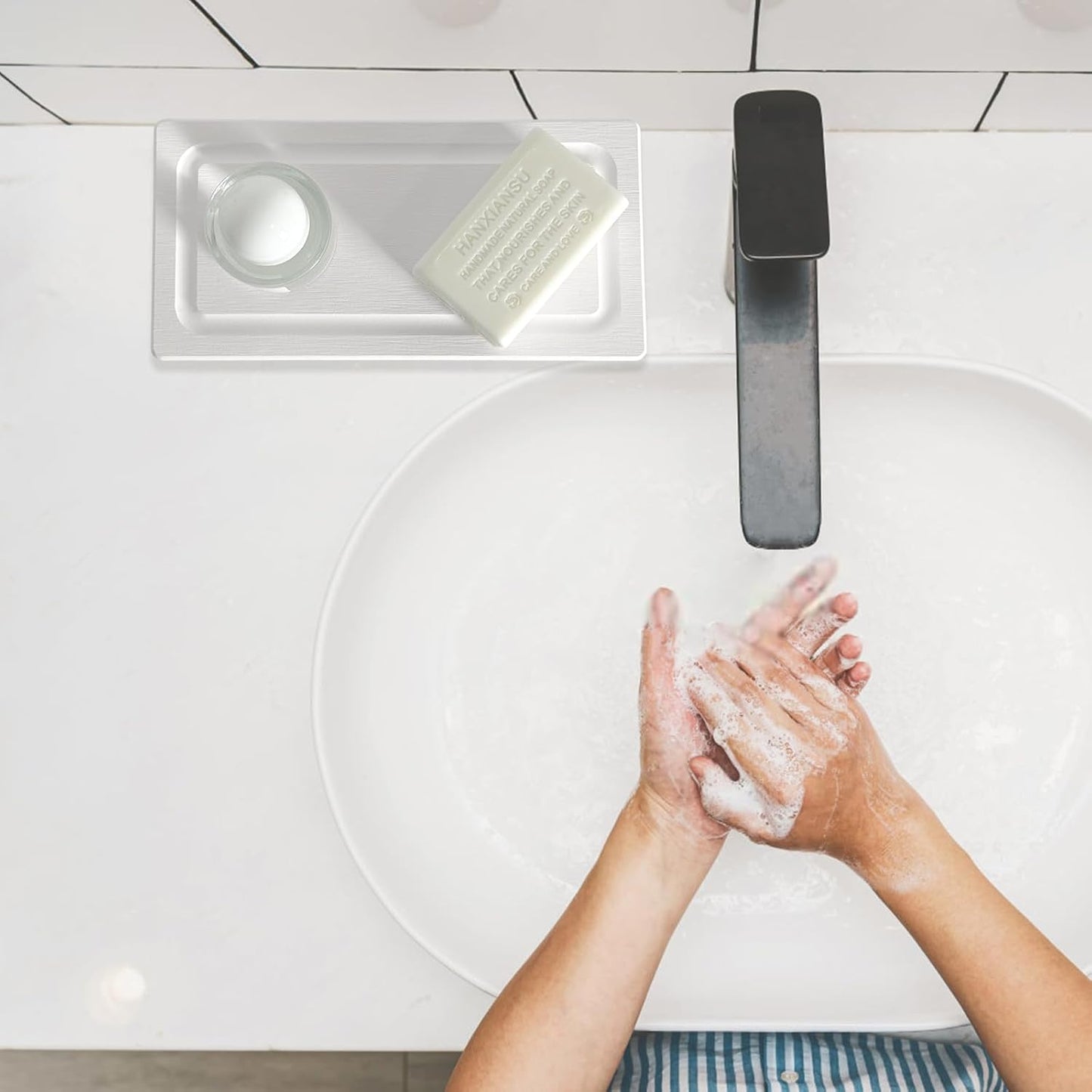 2 PCS Fast-Drying Stone Trays for Bathroom Sink & Kitchen Counter, Water Absorbing Diatomite Sink Coasters, Vanity Tray, Hand Soap Holder with Anti-Skid Pads (9.5" x 4.7" White)