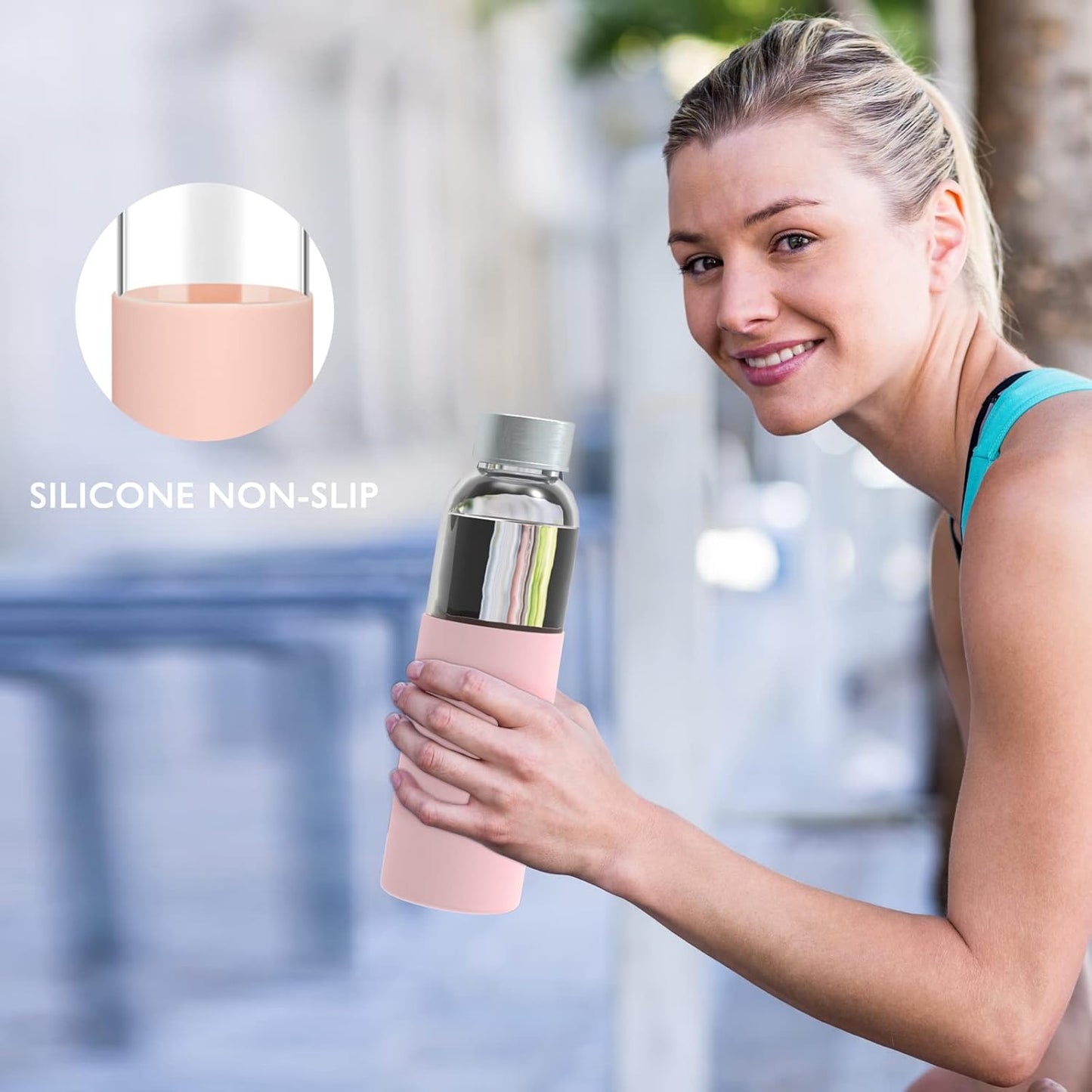 18 oz Clear Glass Juice Bottles with Lids and Silicone Sleeve, Reusable Glass Water Bottles with Stainless Steel Cap for Juicing, Refrigerator,100% Leak Proof, BPA Free, Set of 6