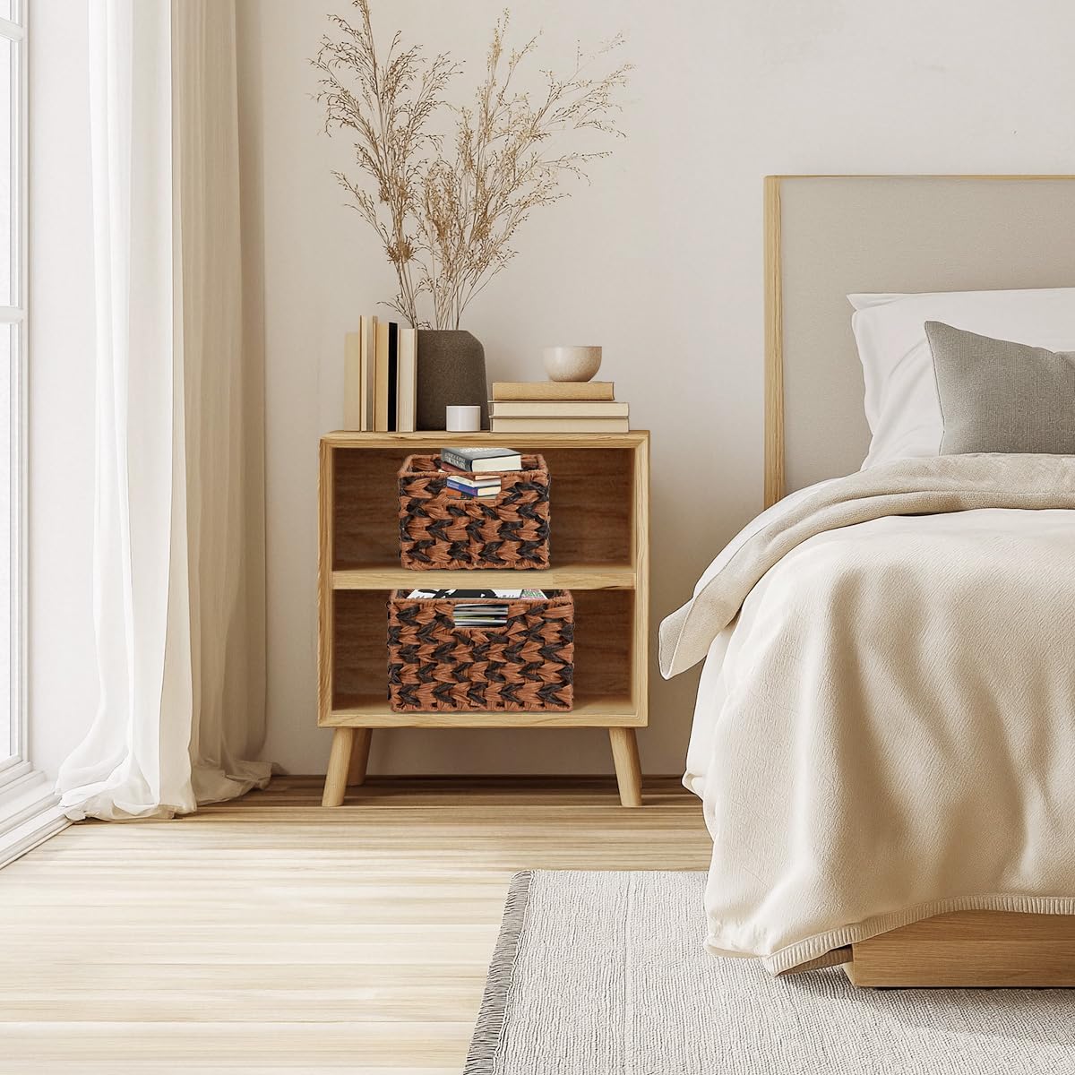 Wicker Baskets, Decorative Storage Boxes with Handles, Rectangular Plastic Wicker Woven Storage Basket for Organizing, 2 Pack Large and Small (Brown & Gray)