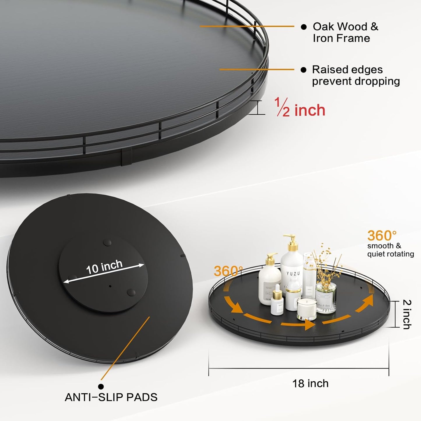 18" Oak Wooden Lazy Susan Turntable for Dining Table, Large Round Lazy Susans Organizer for Kitchen Countertop, Tabletop 360ยฐRotating Tray for Spice Organization and Storage Black Home Decor