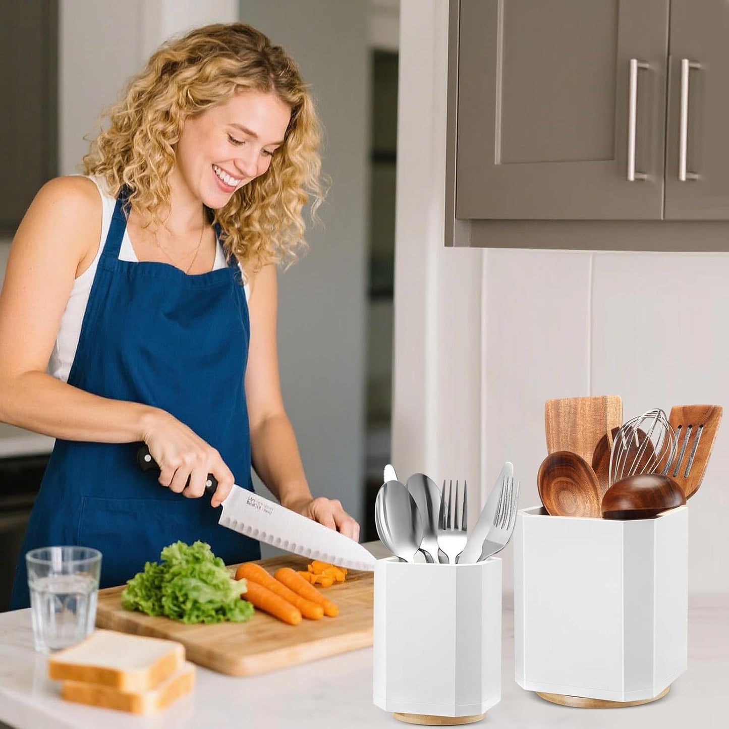 2 Pack Wooden Utensil Holder, 360°Rotating Kitchen Cooking Utensil Crock, Spoon Spatula Holder for Kitchen Counter, Farmhouse Countertop Organizer(White,Square)