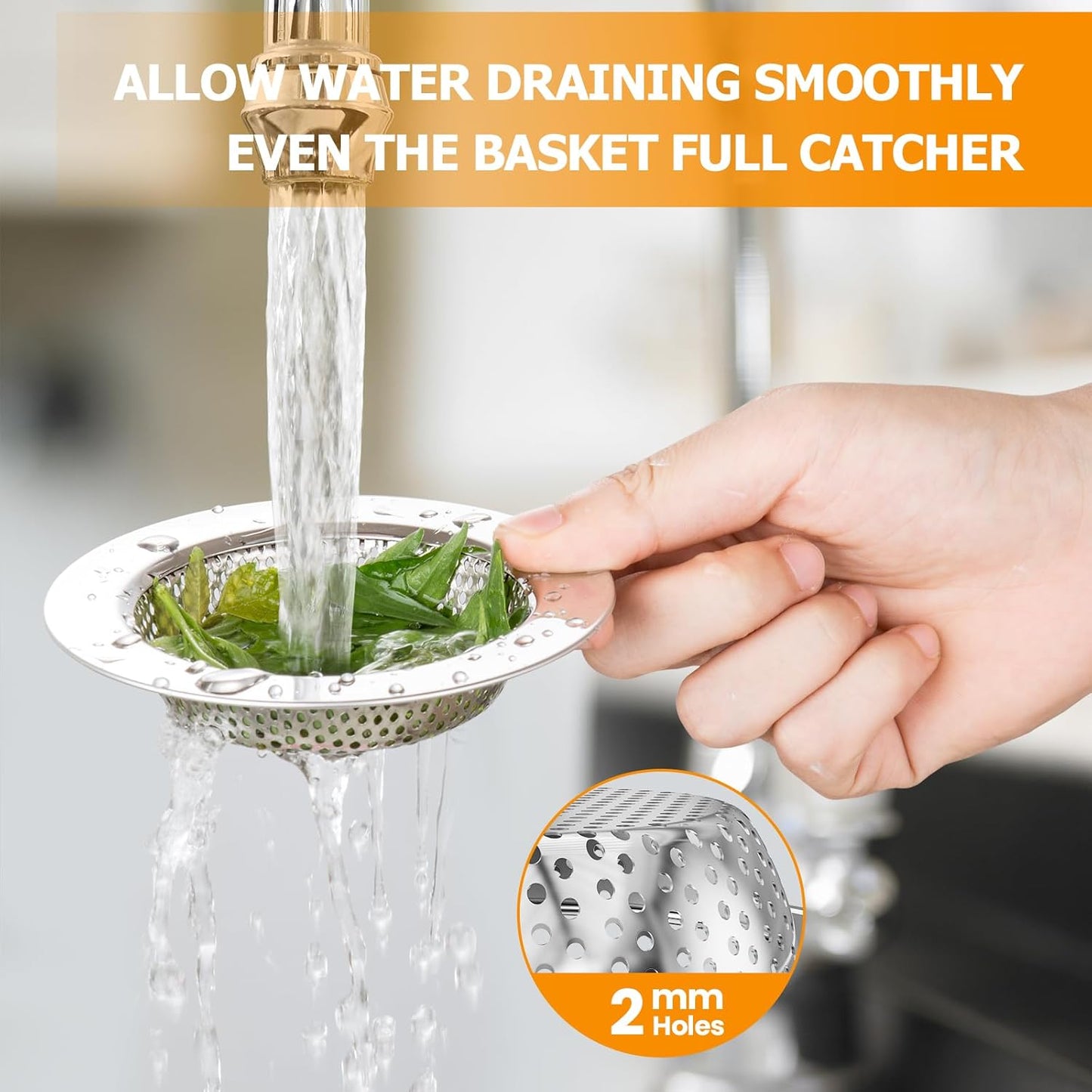 2PCS Kitchen Sink Drain Strainer/Catcher/Basket/Cover/Filter/Trap/Screen, Large Wide Rim 4.5" Diameter, Stainless Steel, Dishwasher Safe