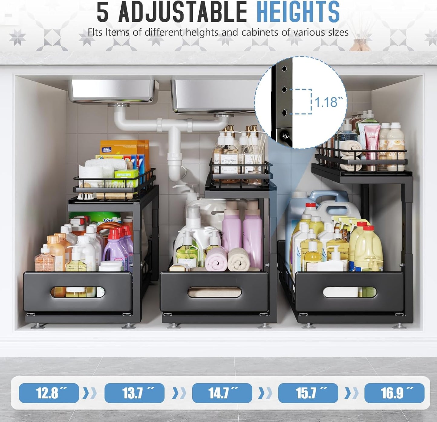 1 Pack Under Sink Organizer Upgrade To Professional Rails,2-Tier Dual Pull Out Cabinet Storage,Height Adjustable Slide Out Drawers For Bathroom Kitchen,Under Sink Shelf-Black