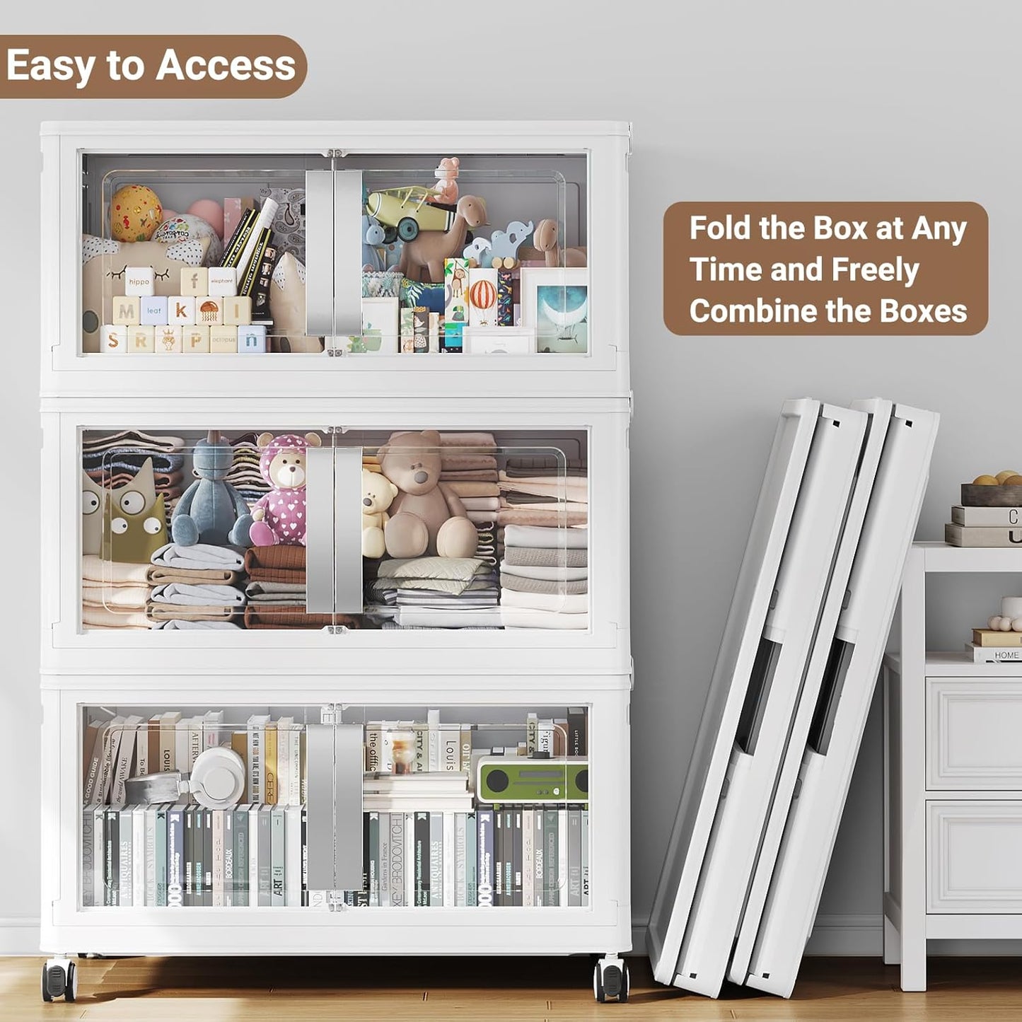 800QT Stackable Storage Bins with Lids, 200Gal Extra Large Collapsible Storage Box with Wheel, Plastic Storages with Clear Door Open Front for Home Bedroom Garage, White-5pack(5 lids)