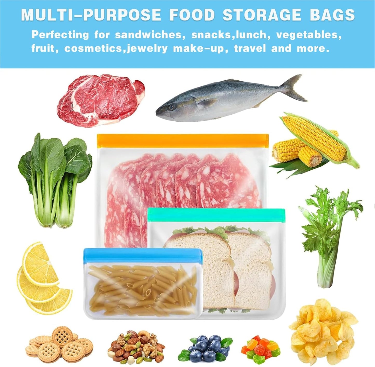 12 Pack Reusable Food Storage Bags Dishwasher Safe, Silicone Extra Thick Leak-proof Reusable Freezer Bags for Candy, Snack, Cereal, Travel Items, Home Organization