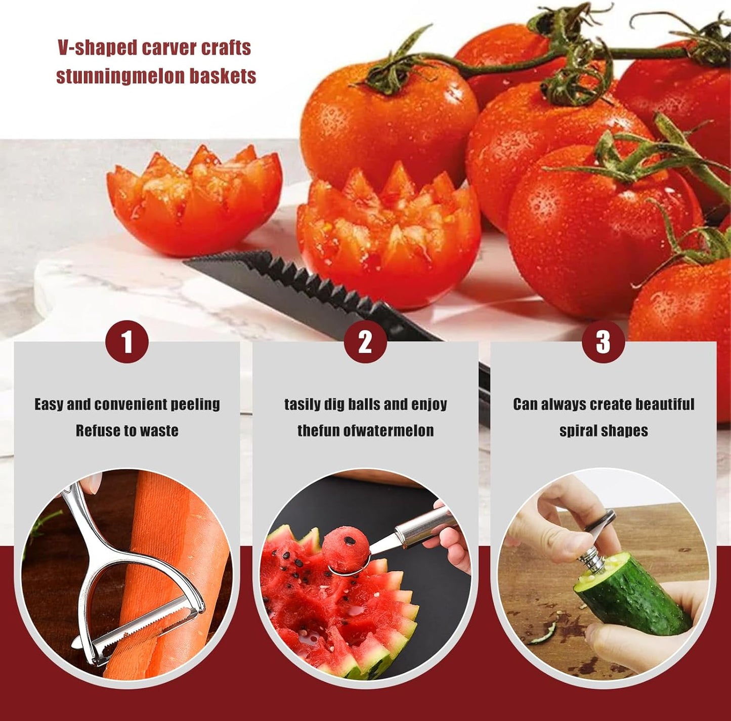 4-Piece Kitchen Spiral And V-Shaped Tools, vegetable peeler,crinkle cutter knife, Multifunctional Kitchen Set, Stainless Steel Manual Kitchen Tools for Creative Food Decoration(silvery)