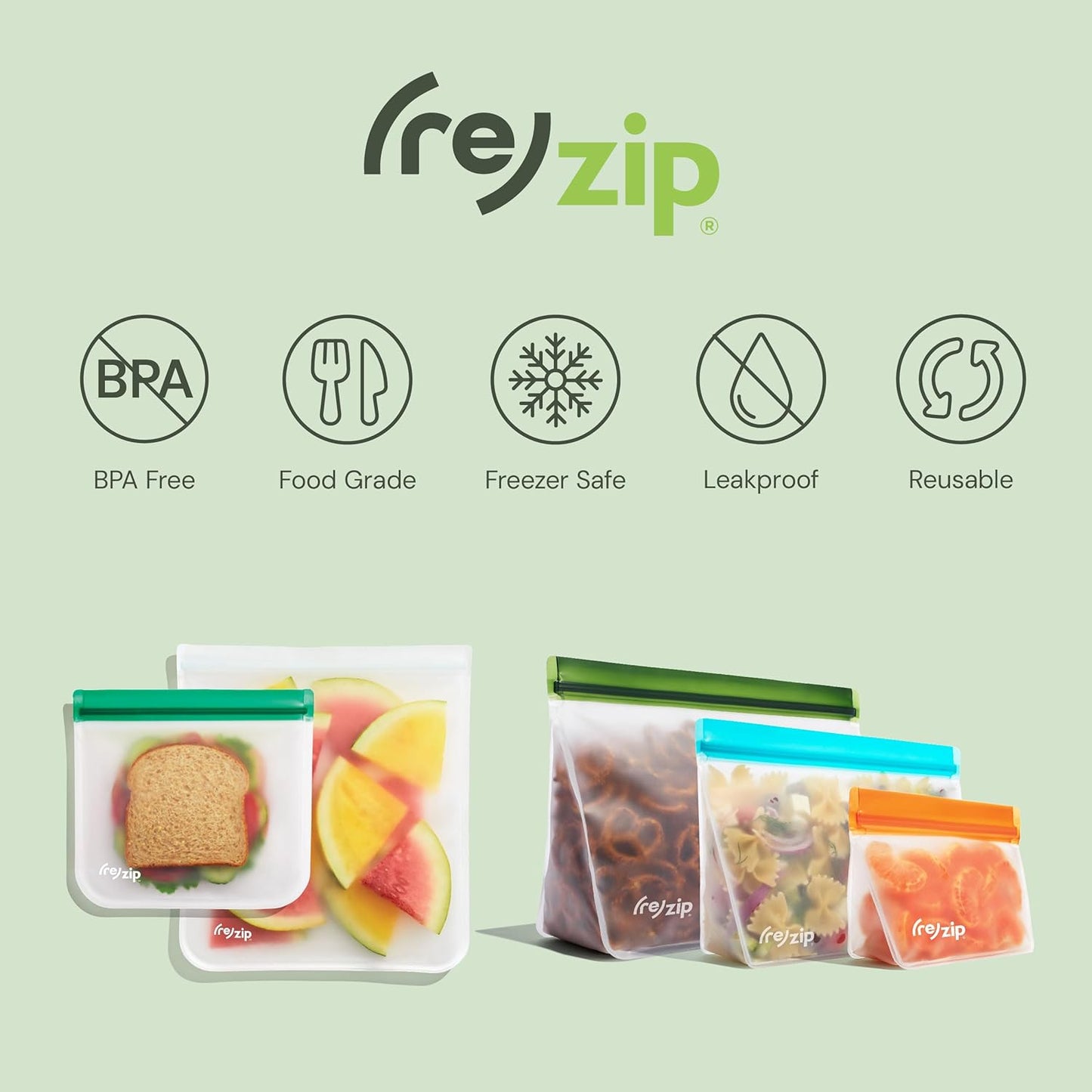(re) zip 3-Piece Stand-Up Reusable Bag Kit | BPA-Free, Food Grade, Leakproof, Freezer and Dishwasher Safe | Quart (1), 2-Cup (1), Snack (1) | Green