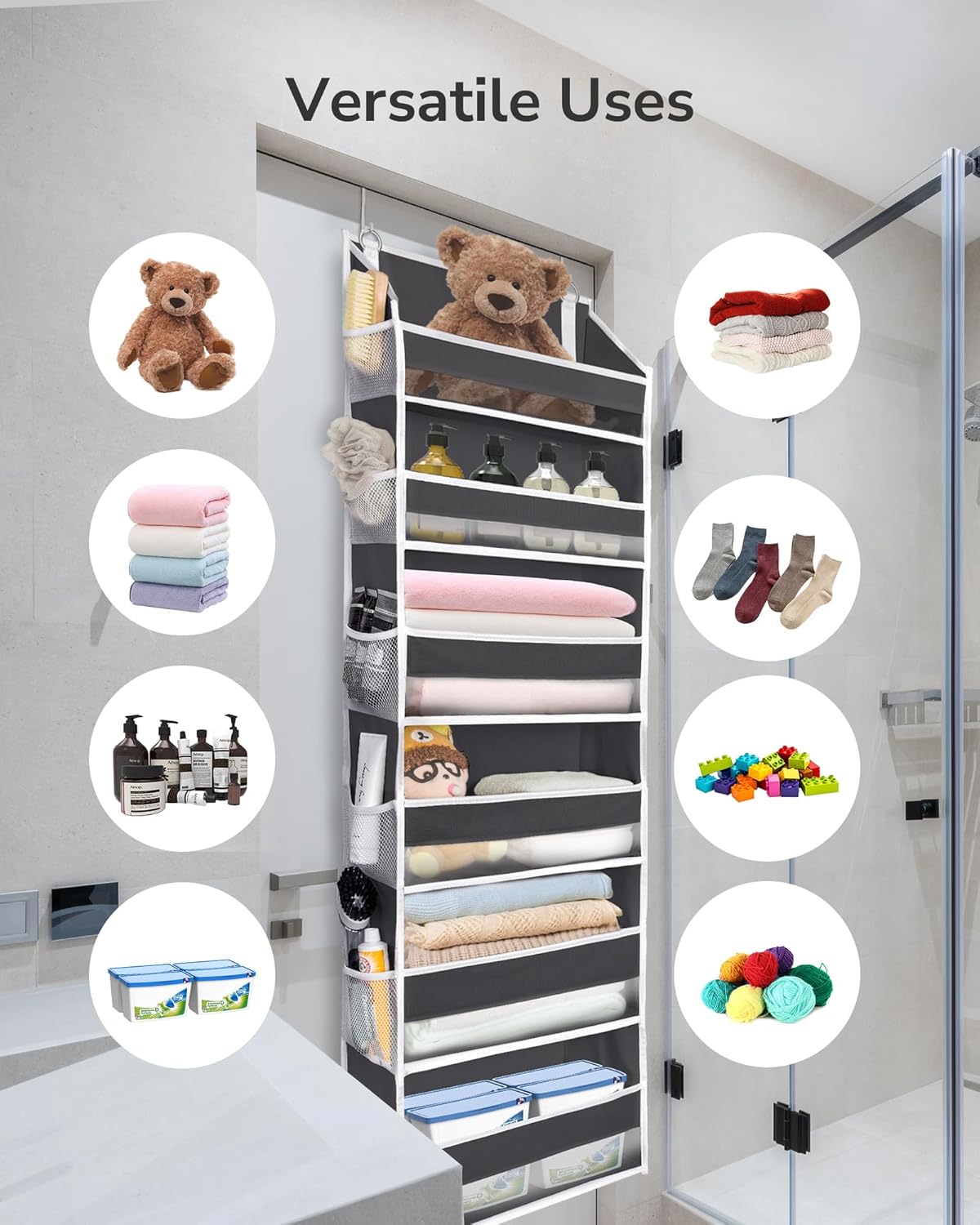 ULG Over The Door Organizer with 6 Large Pockets 12 Side Pockets, 50lbs Weight Capacity Door Hanging Organizer for Bedroom, Bathroom, Pantry, Nursery Storage, Dark Gray