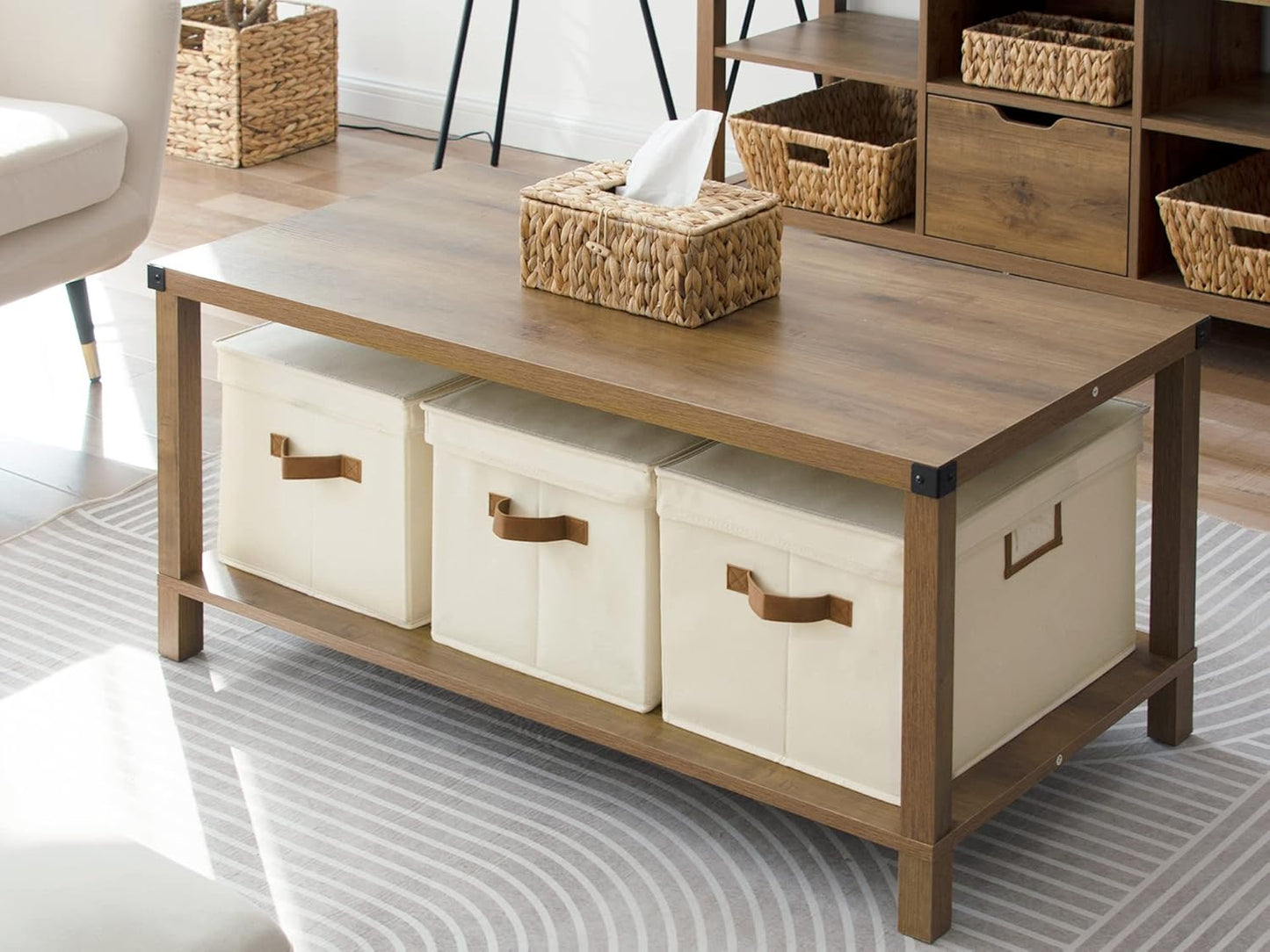 StorageWorks Storage Bins with Lids, Decorative Storage Boxes with Lid and PU Handles, Foldable Storage Baskets for Closet, Shelves, Stackable, Ivory White, Jumbo, 3-Pack