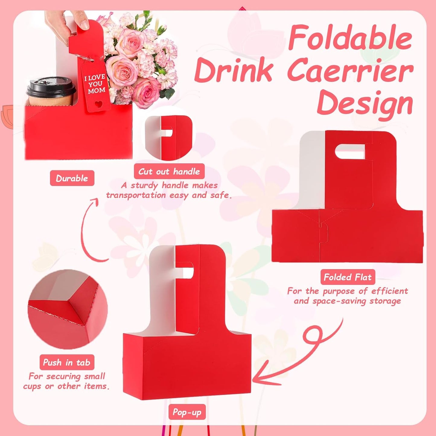 10 Pack 2 Cup Disposable Drink Carrier with Handle Paperboard Coffee Cup Holder Portable for Hot Cold Drinks Food Delivery Services with Heart Card for Teacher Appreciation Week Mother's Day