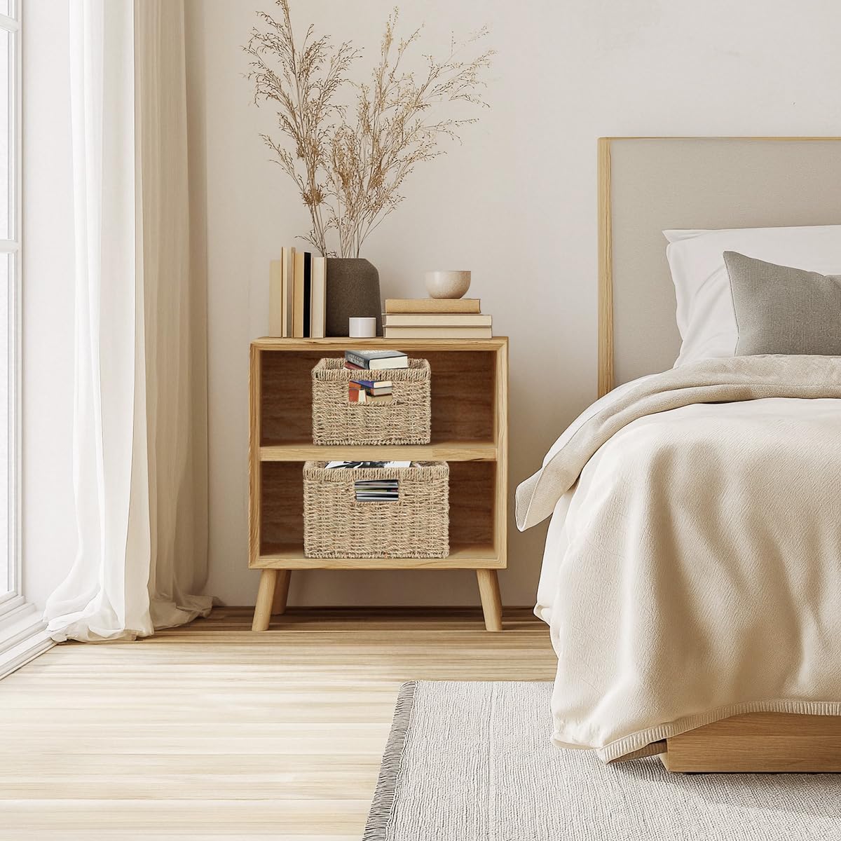 Wicker Storage Basket, Rectangular Seagrass Baskets with Handles, Handwoven Decorative Wicker Basket for Shelves, Bedroom, Set of 2, Large and Small (Natural Seagrass)