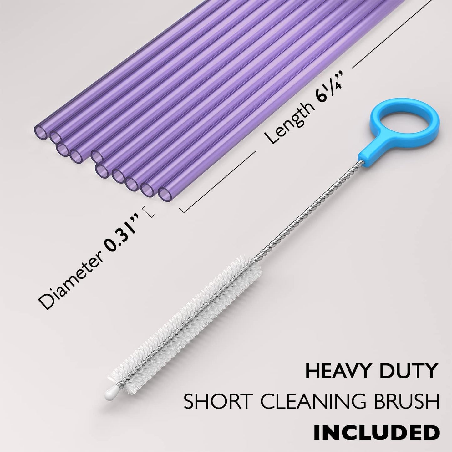 10 Short Reusable Hard Purple Plastic Drinking Straws, Medium Width + Sturdy Cleaning Brush - for Cocktails, Small Cups, Kids Drinks - Dishwasher Safe BPA Free
