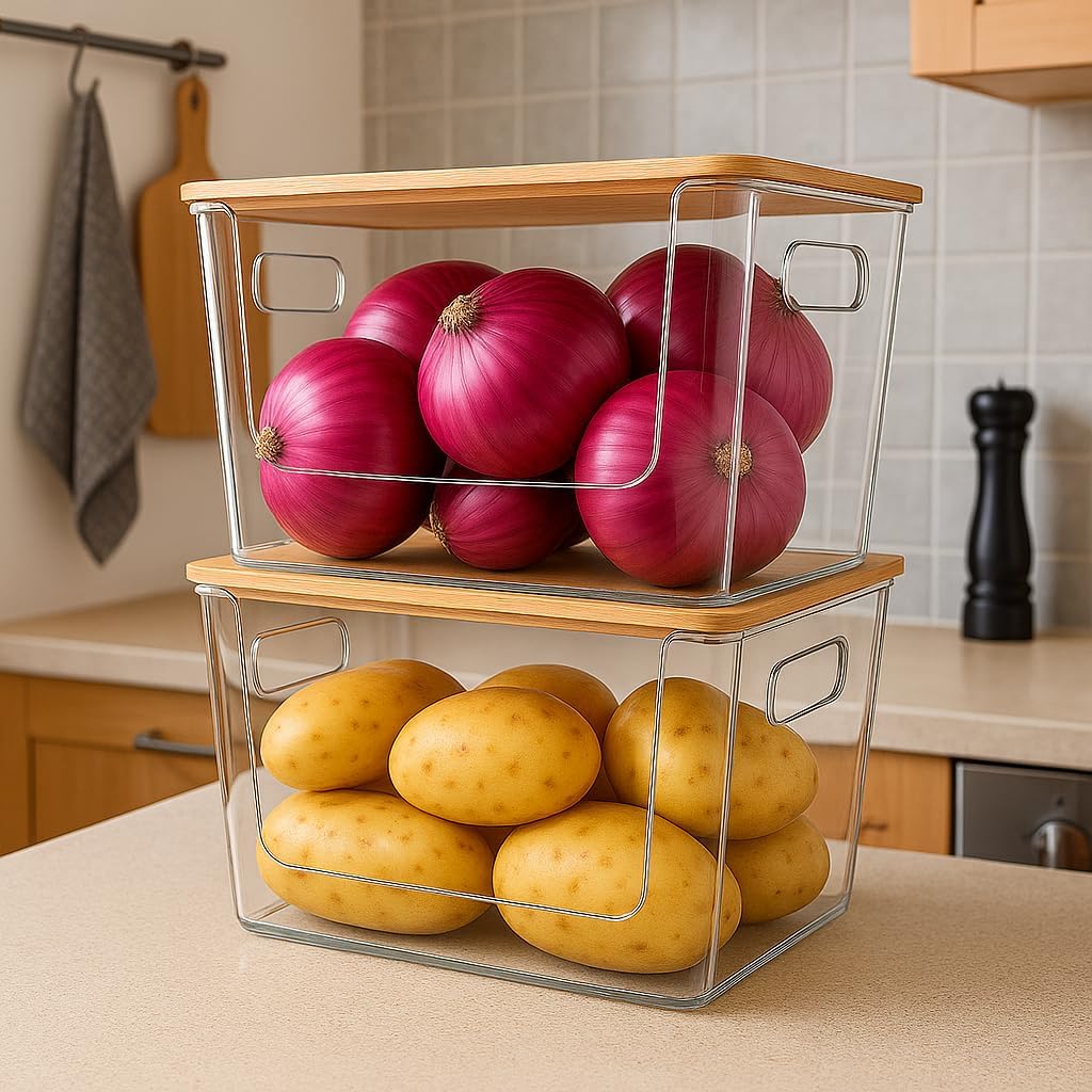 4-Pack Stackable Potato & Onion Storage Bins with Ventilated Design & Removable Dividers - Eco-Friendly Bamboo Vegetable Containers for Pantry, Kitchen Countertop - Garlic, Veggies, Produce Organizer