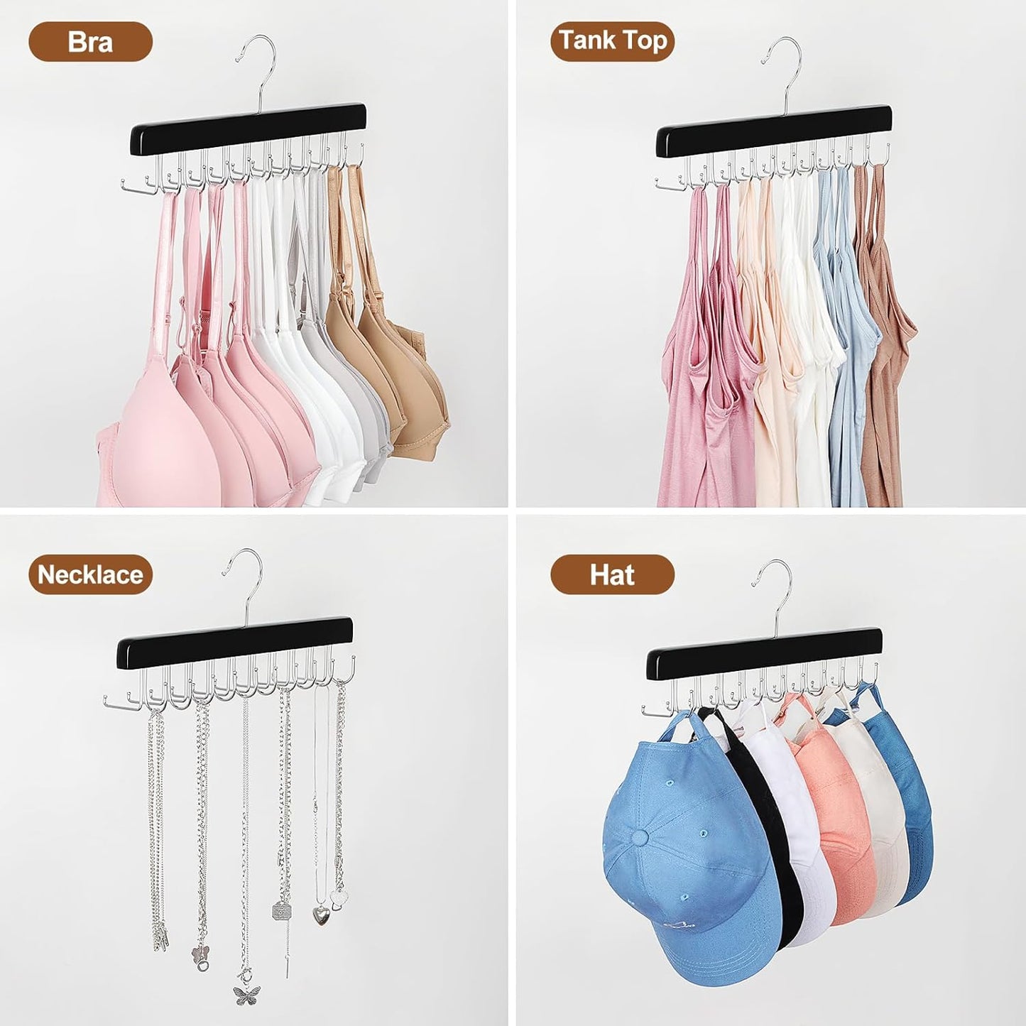 TOPIA HANGER 2 Pack 2 in 1 Belt Tie Hanger for Closet Max 60 Belts with 60 Ties Capacity, 40 Hooks Belt Tie Racks Wooden Hanger for Closet Organizer Storage “U” Fit Belt and “一” Fit Tie - CT52B
