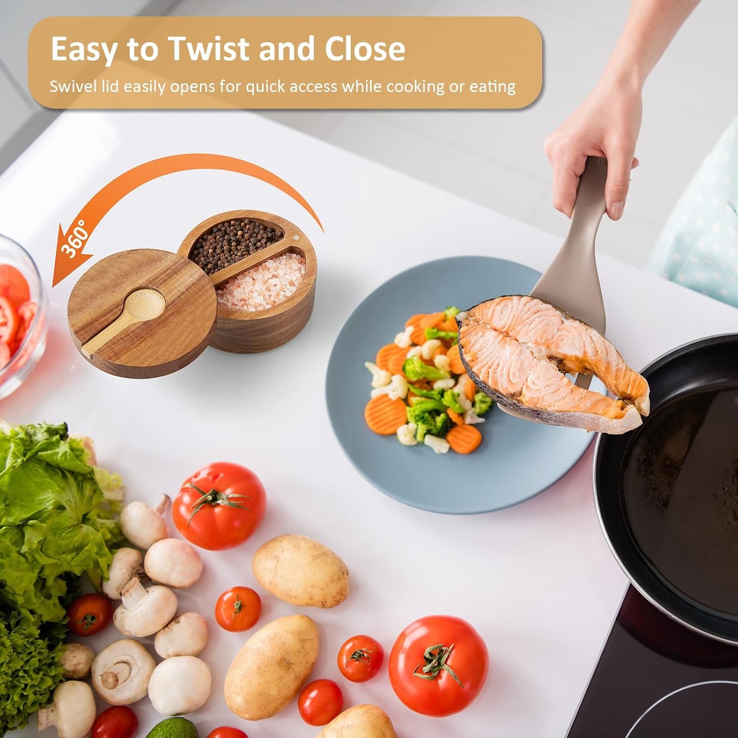 2-Compartment Acacia Salt Box with Lid and Spoon, Salt Cellar with Swivel Lid, Salt Container Holder for Sea Salt Herbs or Favorite Seasonings, Dual 6 oz Salt Bowl