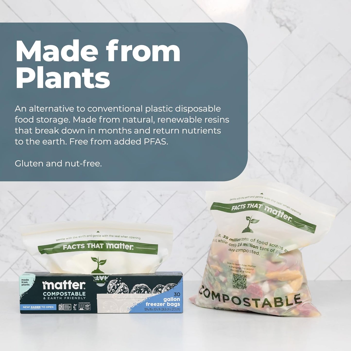 Matter Compostable Gallon Freezer Bags for Food Storage, Eco-Friendly, Resealable, Food Storage Bags, 30 Count