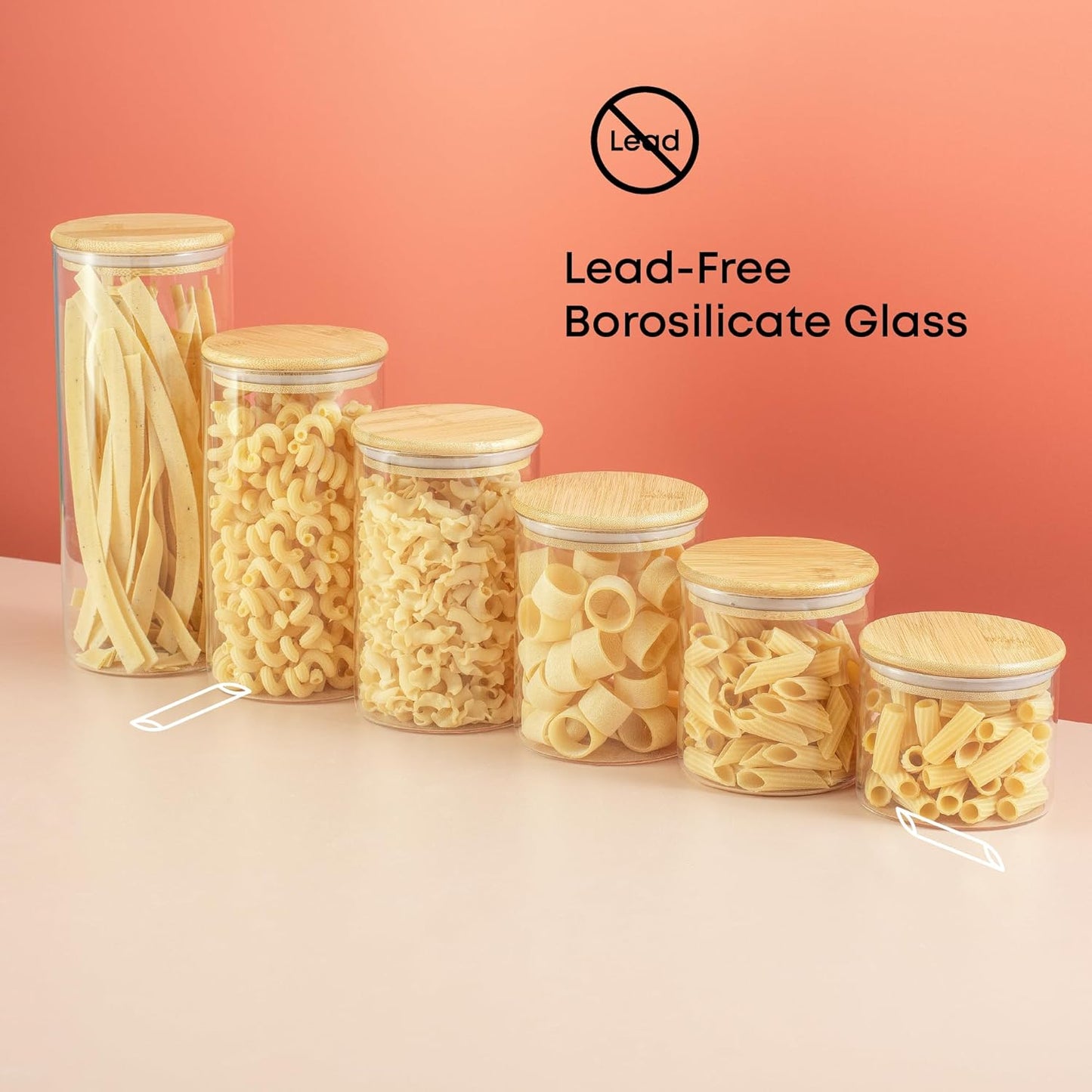 JoyJolt Borosilicate Glass Jars With Bamboo Lids. 6 Pc Set of Air Tight Sealable Containers. Food Jar Canisters with Airtight Lid for Pantry Storage and Kitchen Organization.
