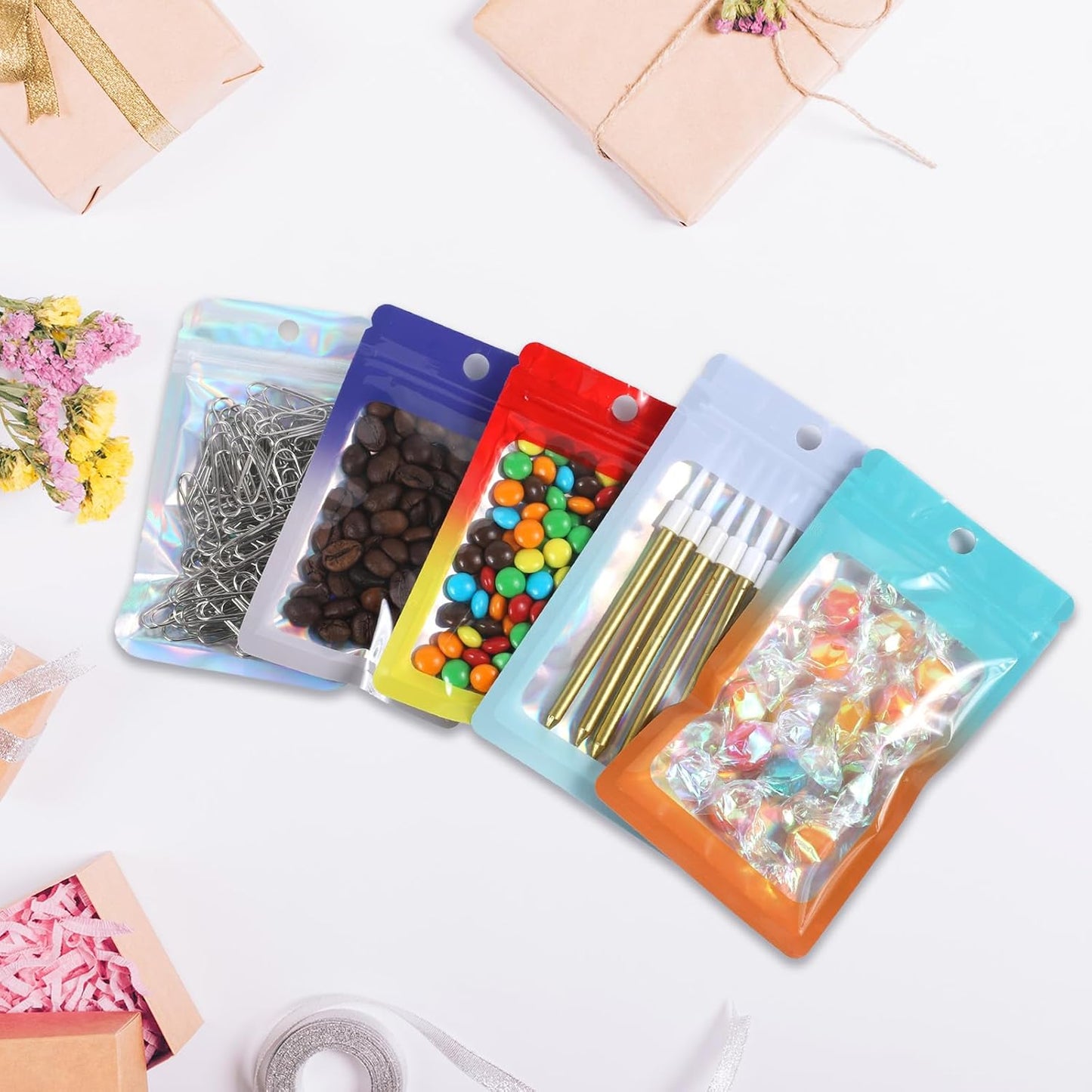 200 Pack Resealable Mylar Holographic Bags Food Storage Smell Proof Bags with Front Window Foil Packaging Pouch for Candy Sample Jewelry Small Business 3.15×5.51 Inch, Black