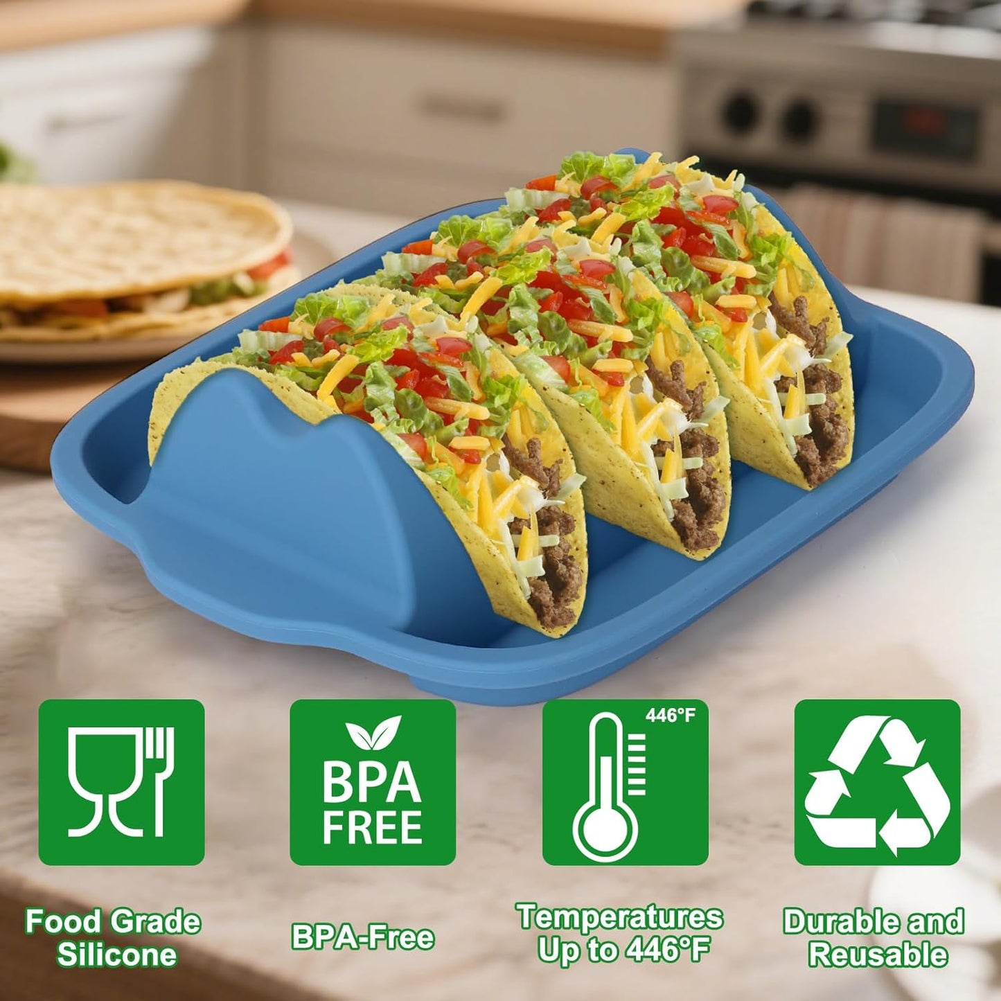 Juome Upgraded Silicone Taco Holder 4 Packs - Reusable Taco Plates with Dividers, Taco Rack Holders Stand for Hard/Soft Taco Shell Holder, Taco Party Serving Tray Plates, Dishwasher & Microwave Safe