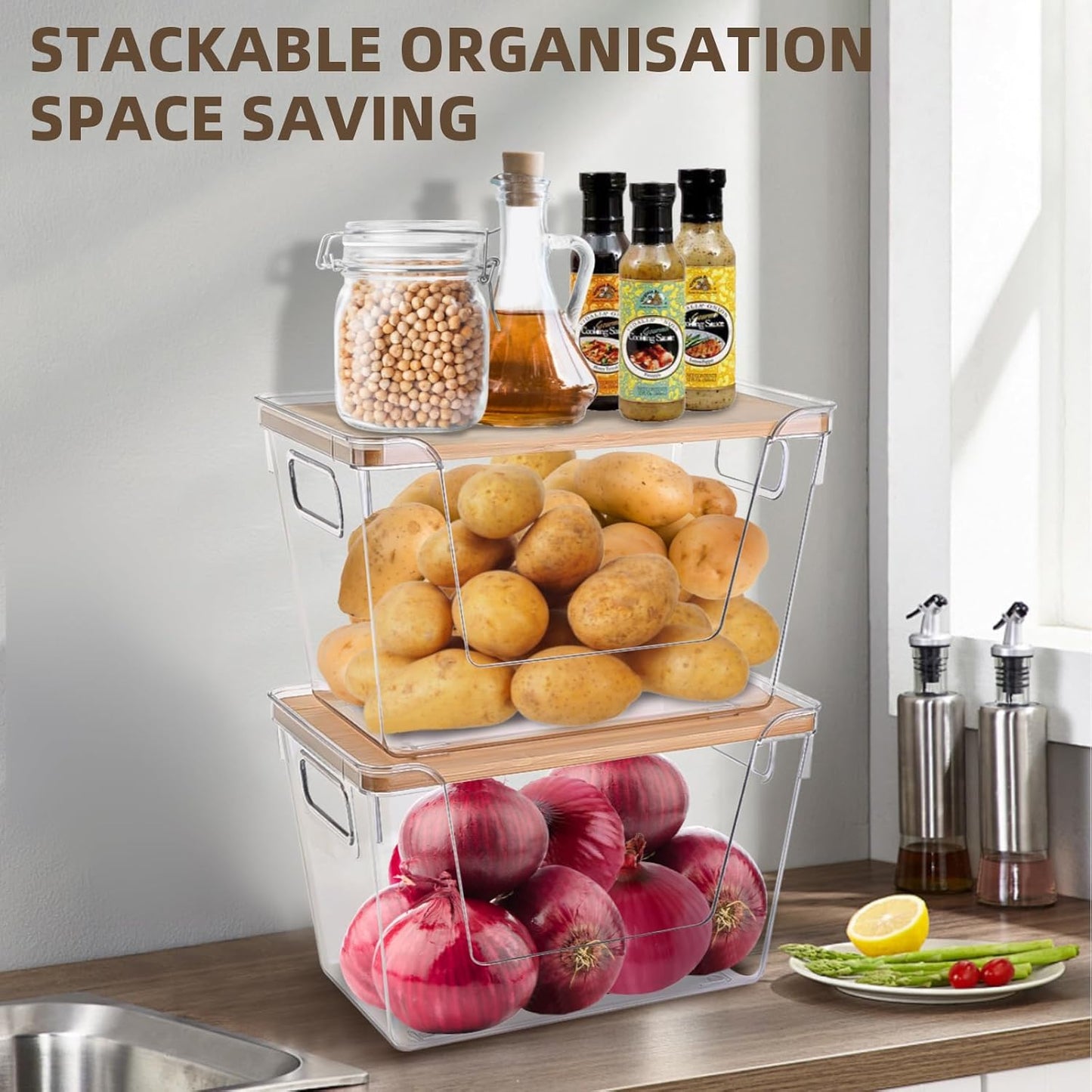 2 Set Pantry Organizers and Storage - Stackable Pantry Storage Bin Containers for Potato, Onion, Garlic, Fruit, Vegetable, Produce - Clear Front Open Kitchen Organization Baskets with Lid