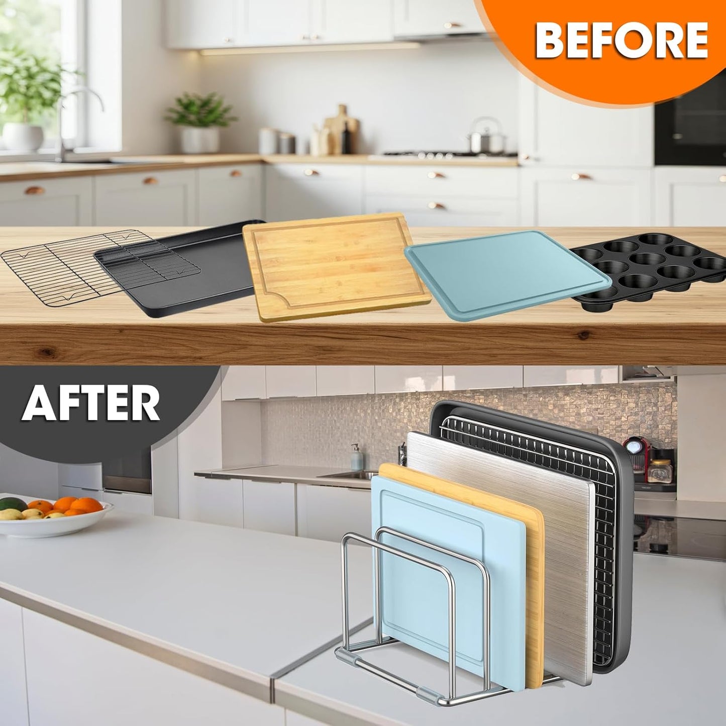 304 Stainless Steel Cutting Board Organizer Rack ā Rustproof Compact 4-Slot Holder for Thin Cutting Boards and Plates ā Premium Kitchen Storage Solution for Countertops and Cabinets