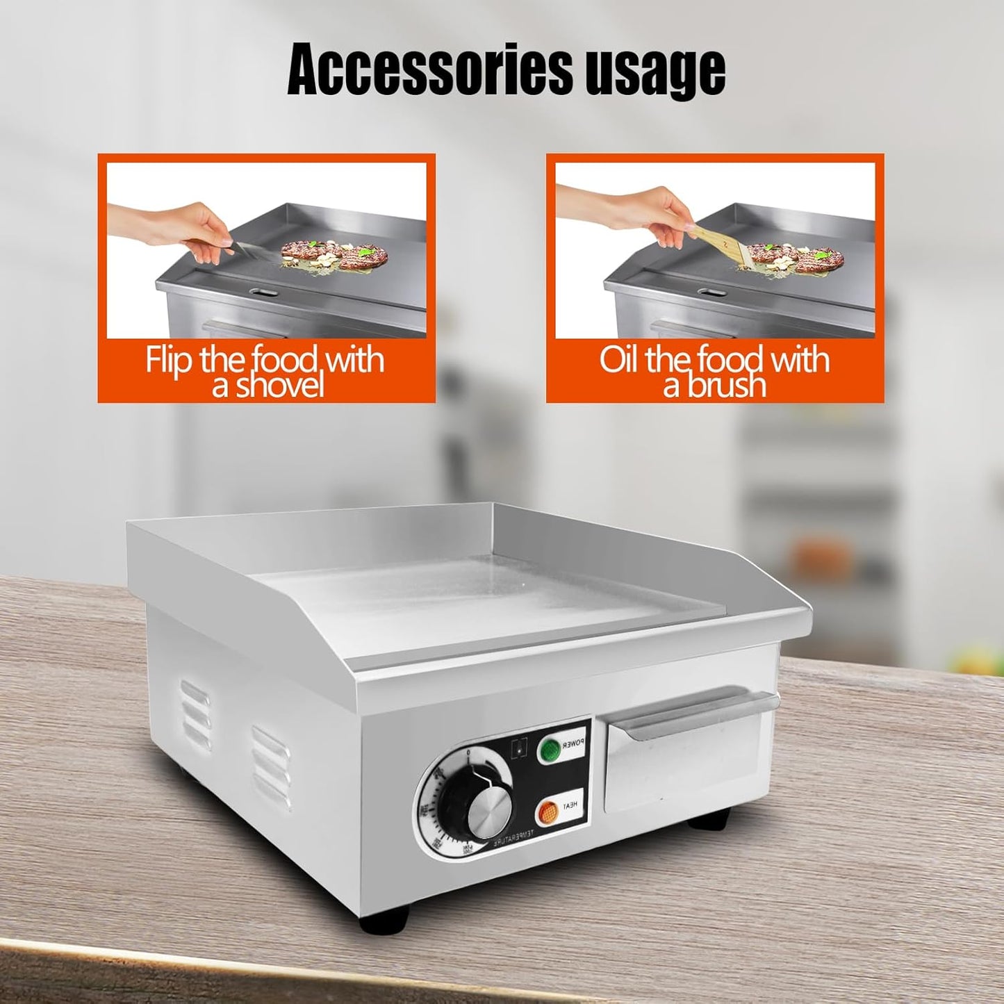 14" Commercial Electric Griddle,Electric Countertop Flat Top Griddle,110V 1500W Electric Flat Top Grill,Non-Stick Restaurant Teppanyaki Stainless Steel Grill,Adjustable Temperature Control