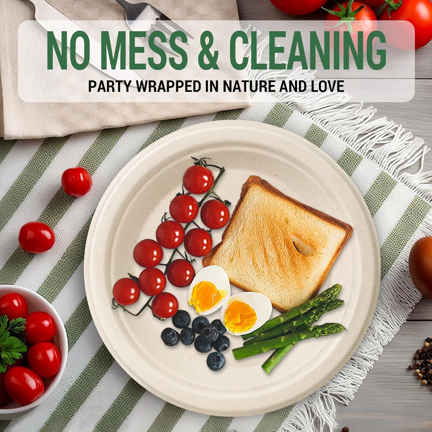 50 Compostable Paper Plates, Includes 25-9" & 25-7" Heavy Duty Disposable Plates, Biodegradable Sugarcane Bagasse, Nature