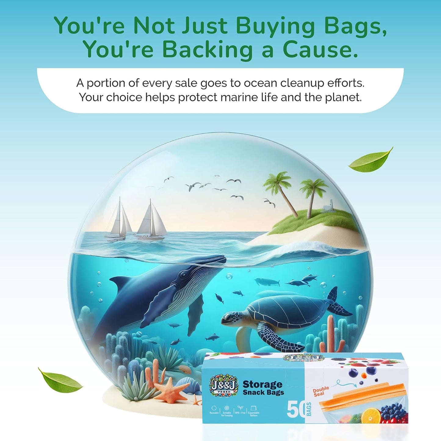 J&&J Fresh Storage Snack Bags, 50 Pack — Reusable Snack Bags, BPA-Free, Leakproof — Expandable Bottom, Microwave-Safe, Strong Zipper Lock Seal — Snack Bag for Freezer & Fridge — Durable & Washable