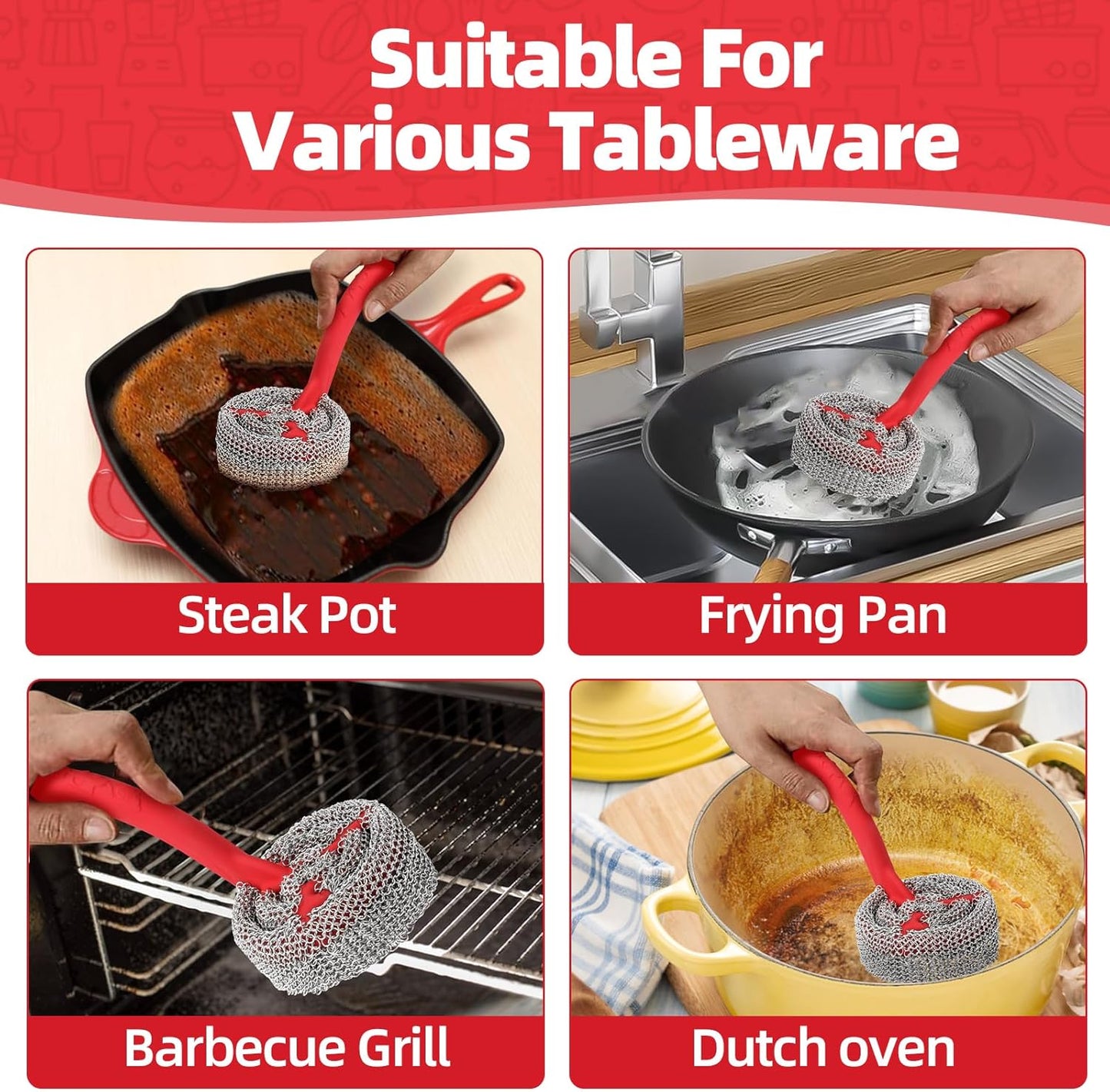 Cast Iron Chainmail Scrubber with Handle (ABS) - Cleaner for Pans and Pots - Premium Stainless Steel/Silicone Scraper for Skillets - Ergonomic Food-Safe Design - Easy to Clean Cookware Dish Brush