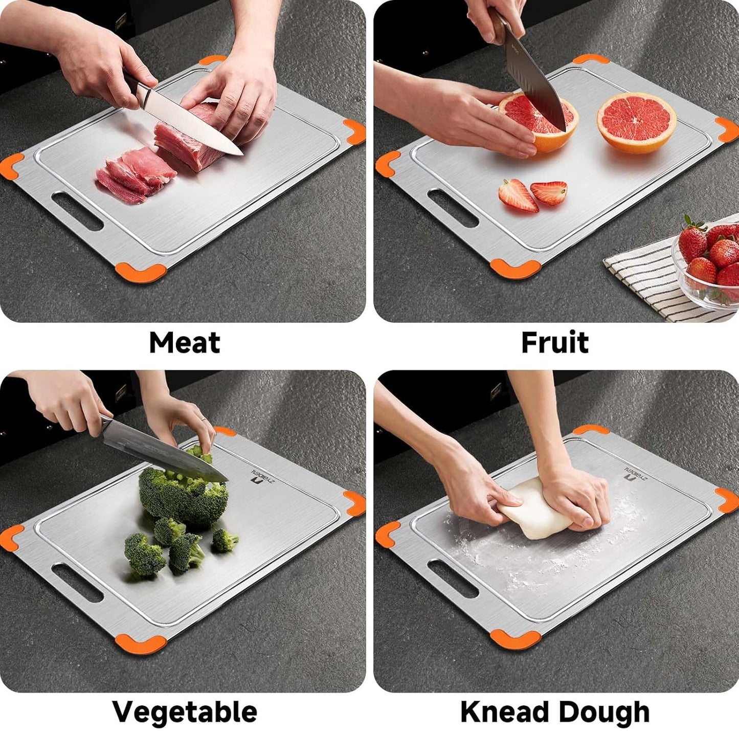 100% Pure Titanium Cutting Board with Grooves, Update Double Side Titanium Chopping Board, Silicone Anti-slip Stainless Cutting Boards for Kitchen 8 * 12 IN, Orange