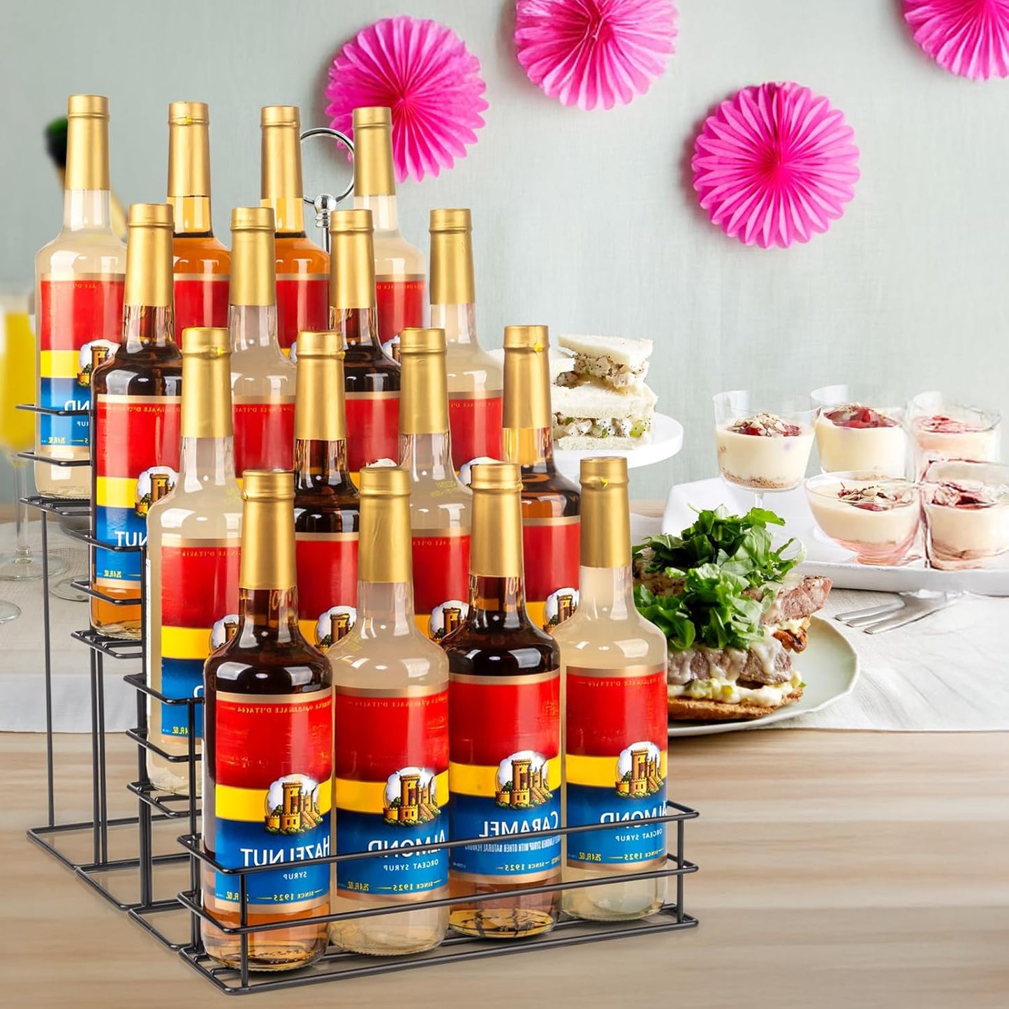 16 Bottle Capacity Coffee Syrup Organizer 4 Tier Coffee Syrup Stand Shelf for Coffee Bar Accessories for Coffee Bar Kitchen Small Wine Rack for Bar Family Storage for Syrup Wine Dressing