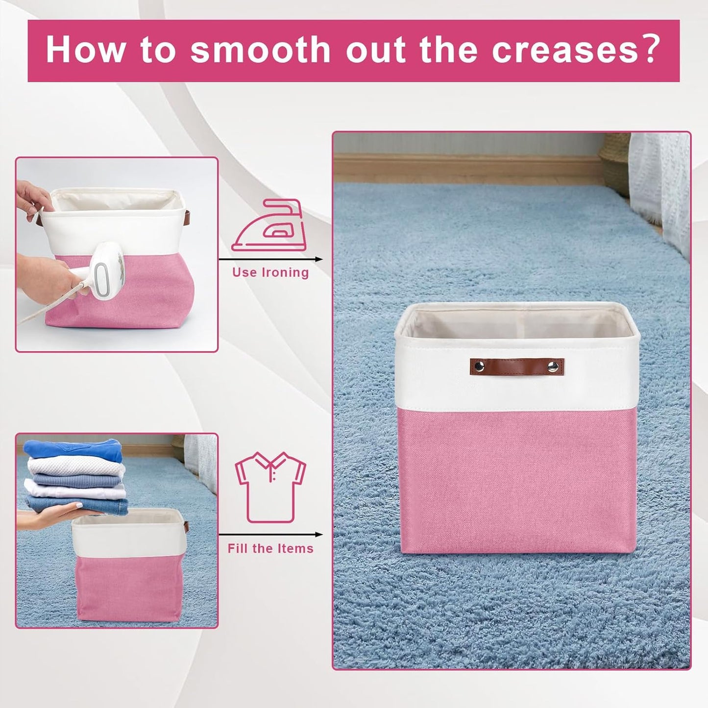 13x13 Cube Storage Bins, Collapsible Fabric Storage Box, 4 Pack Closet Baskets with Handles for Organizing, Shelf, Toys, Clothes, Home, Office, Nursery (Pink&White)