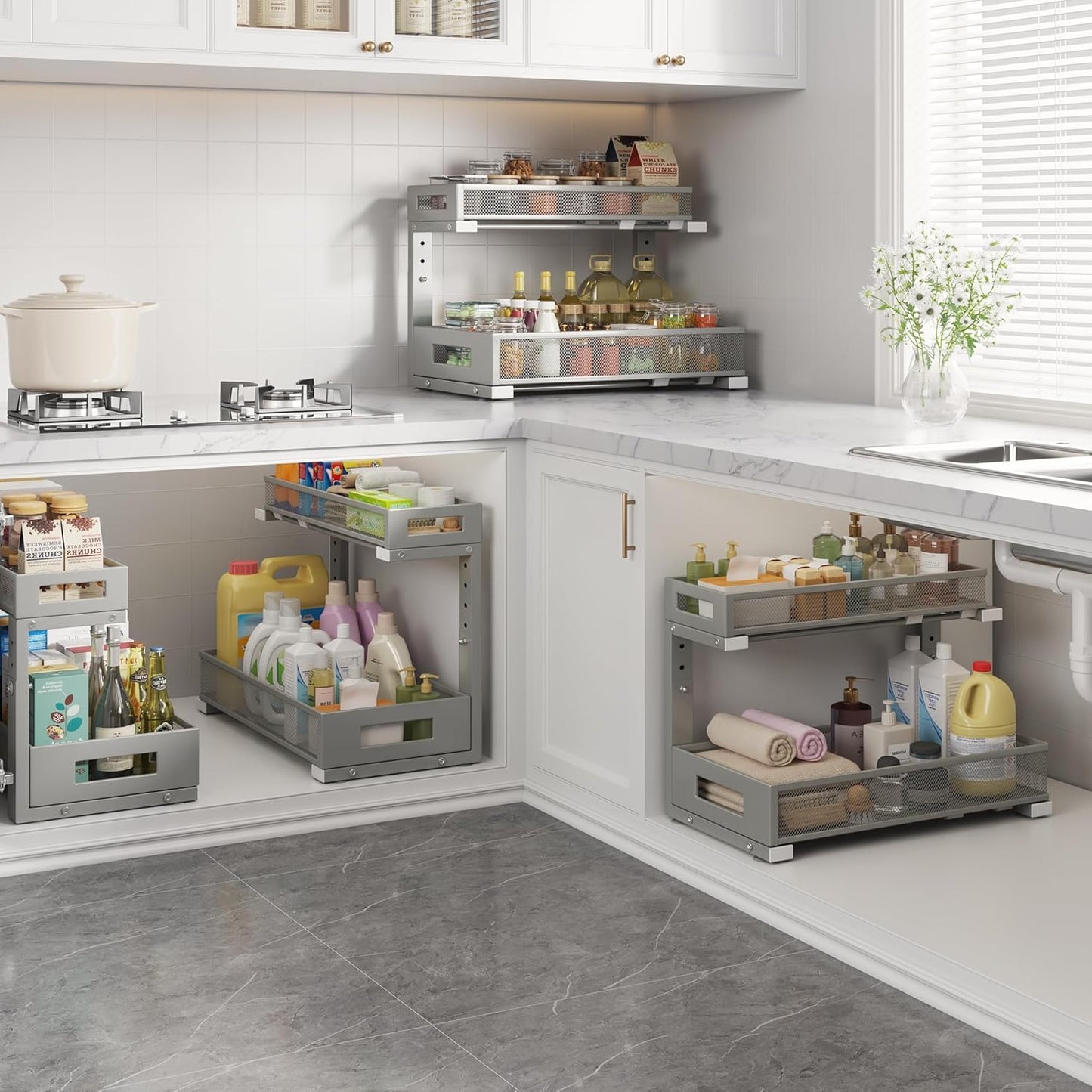 1 Pack 17IN Depth Under Sink Storage Organizer, Large 2-Tier Elegant Mesh Pull Out Shelf for Kitchen and Bathroom Cabinet Organization, L-Shaped and Adjustable Height Design-Gun Gray