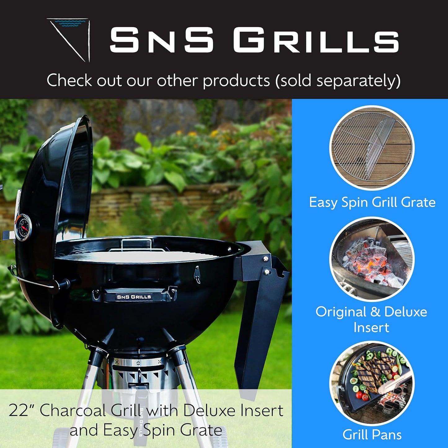 SnS Grills Slow ‘N Sear EasySpin Charcoal Grill Cooking Grate - Compatible with Weber and Other Grills, 2-Zone Stainless Steel Hinged Replacement - Tailgating & Backyard Cooking - 26” Inches