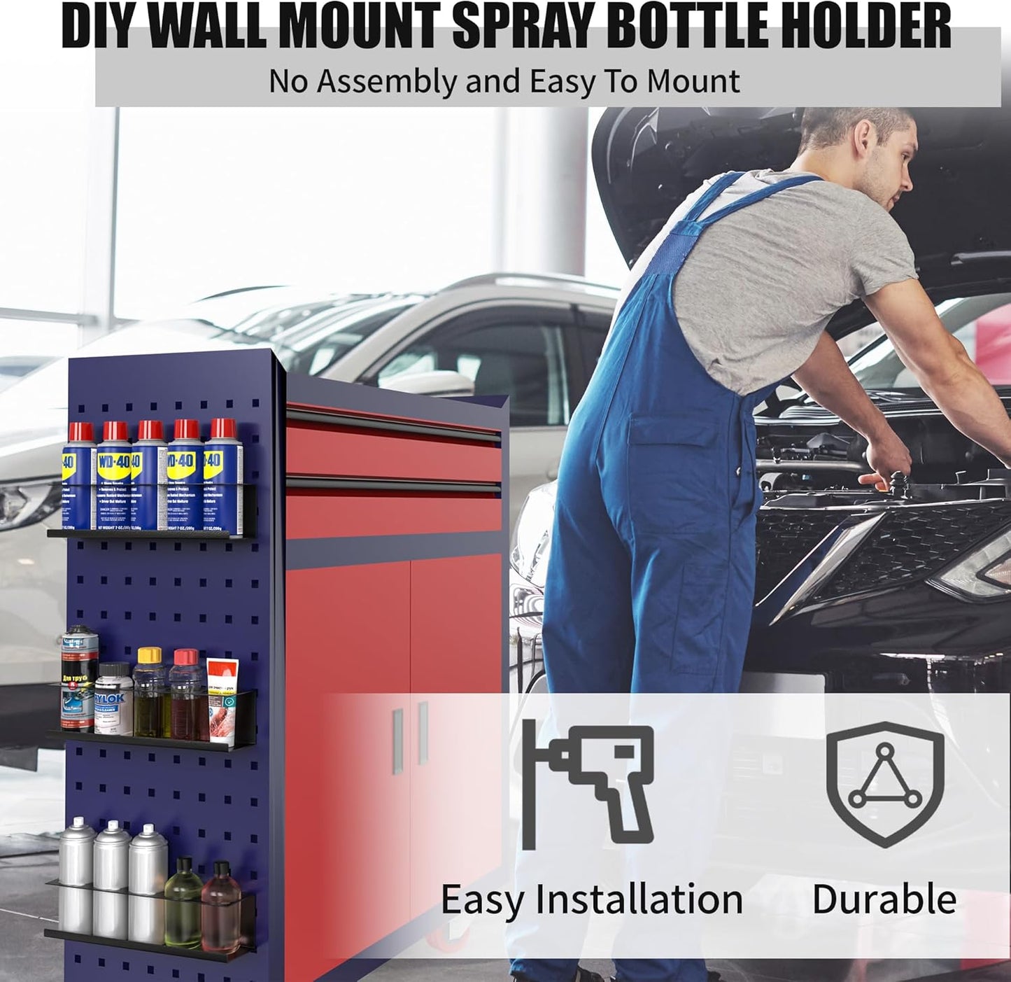 4 Pack Wall-Mounted Spray Bottle Holder, Aerosol Spray Can Holder Storage Rack, Heavy-Duty Paint Bottle Organizer With 20 Holes, Steel Black Spray Rack for Garage, Shop, Home or Tool Trailer