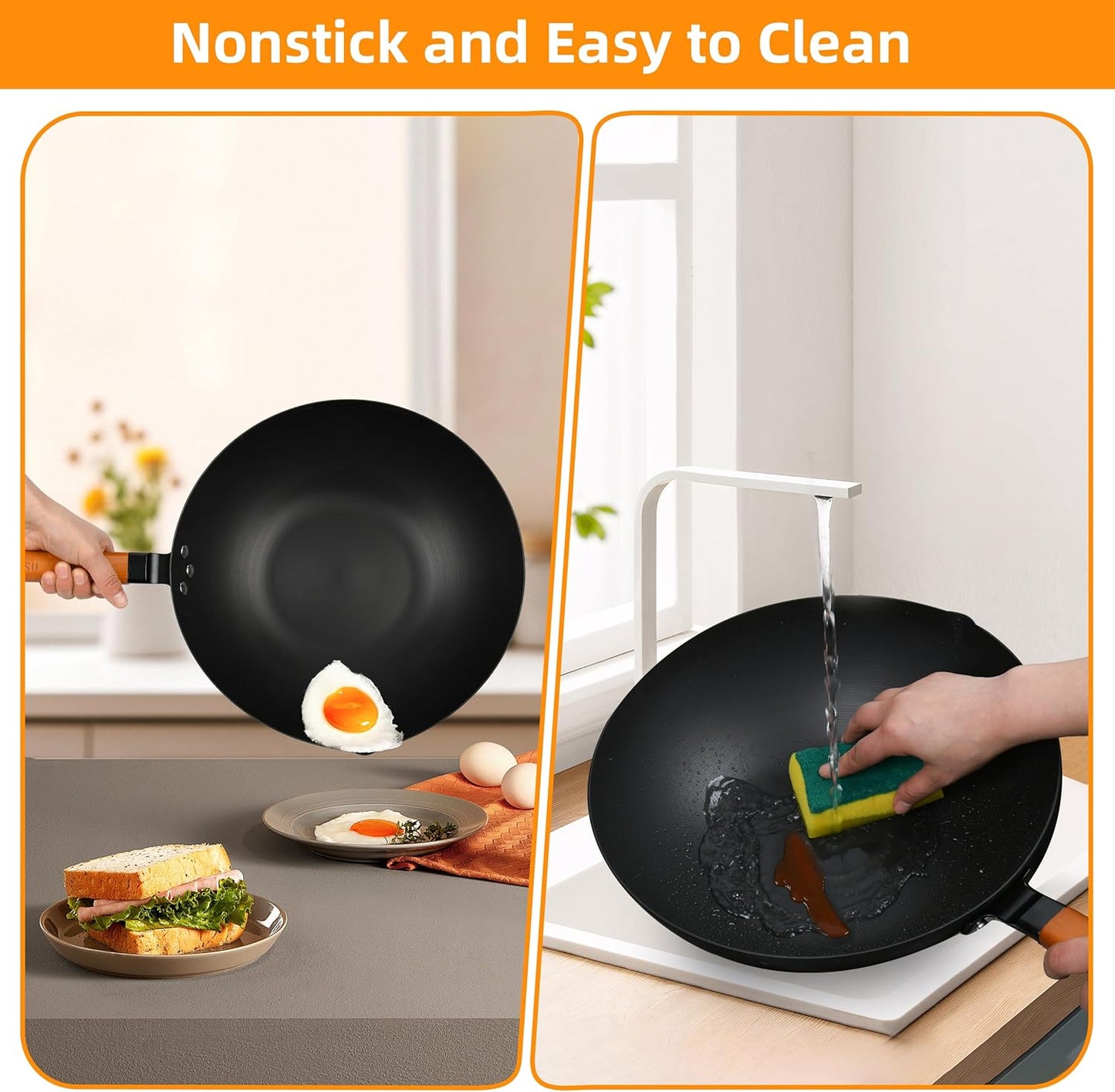 12.5-Inch Carbon Steel Wok with Lid โ Pre-Seasoned Flat Bottom Stir-Fry Pan, Nonstick Wok for Induction, Gas, Electric & All Stovetops โ Chinese Wok with Glass Lid