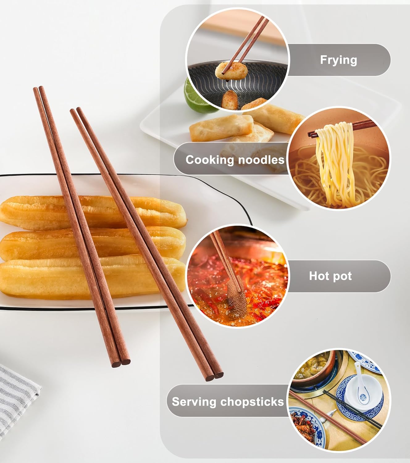 3Pairs Cooking Chopstick 14Inches Long Wooden Chop Sticks Reusable for Noodles Frying Hotpot