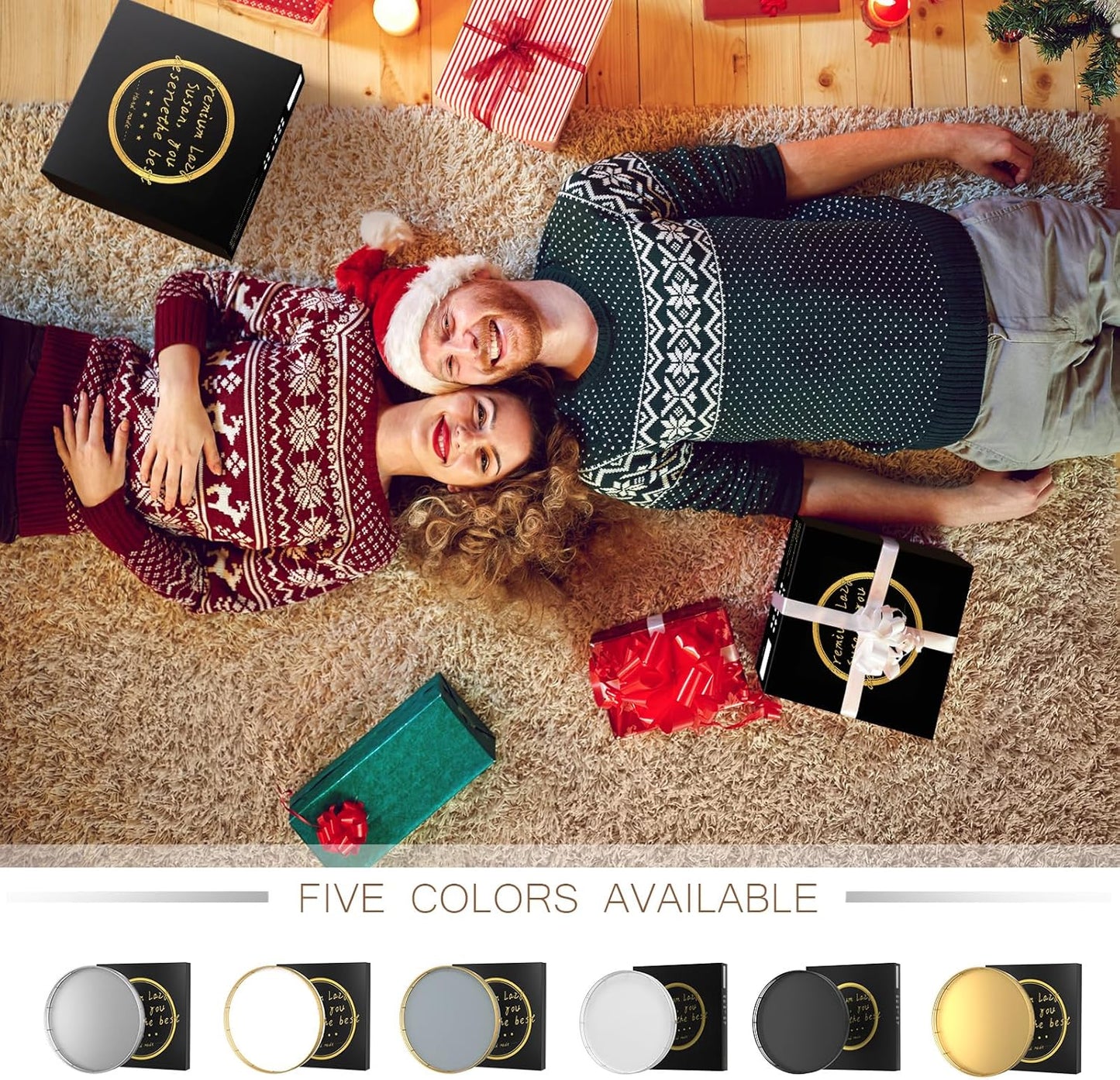 12" Wooden Lazy Susan Turntable for Cabinet – Roud Rotating Spice Rack Organizer, Gray Kitchen Countertop Tray for Dining Table & Pantry Storage (Gray & Gold)