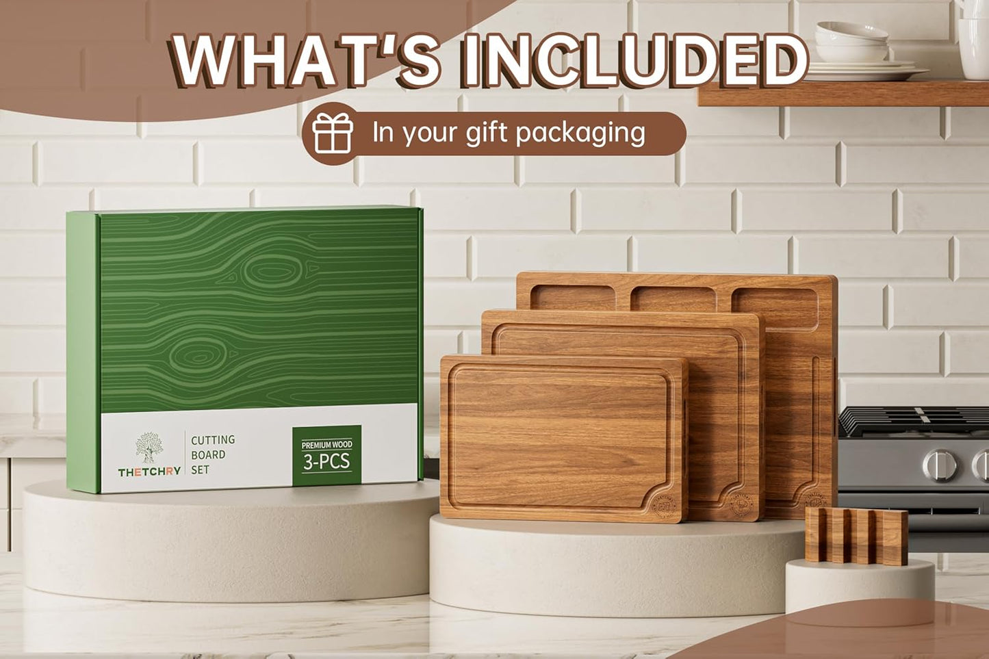 Acacia Wood Cutting Board Set,Thick Wooden Cutting Board for Kitchen with Holder,Chopping Board with Deep Grooves&Built-in Handles, Wooden Charcuterie Board Trays for Meat,Fruit,Cheese