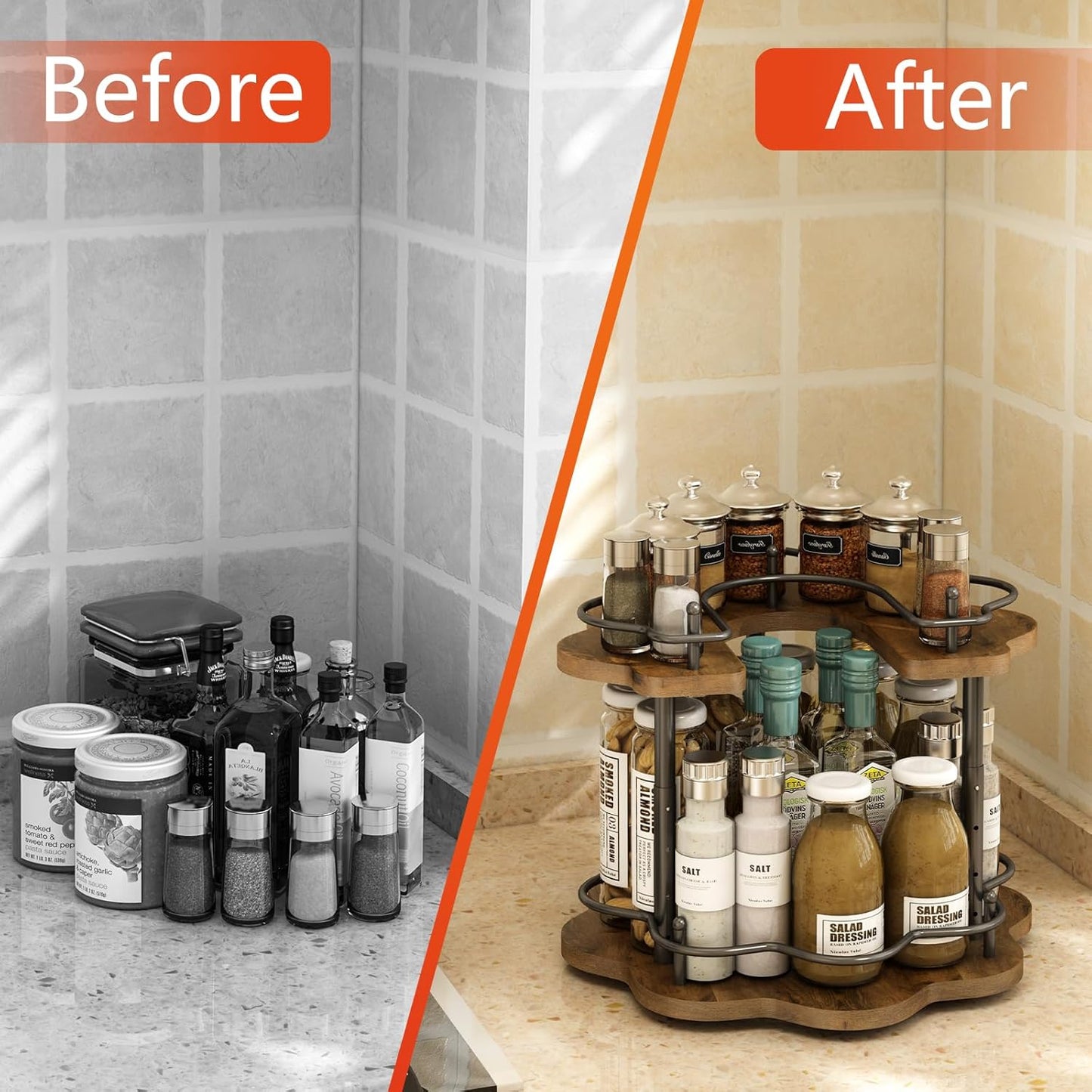 2 Tier Lazy Susan Organizer,2-Tier Spinning Spice Rack with Stable Carousel Base & 4 Height Settings for Cupboard Kitchen Countertop Dining Table Cupboard (Petal Shape)