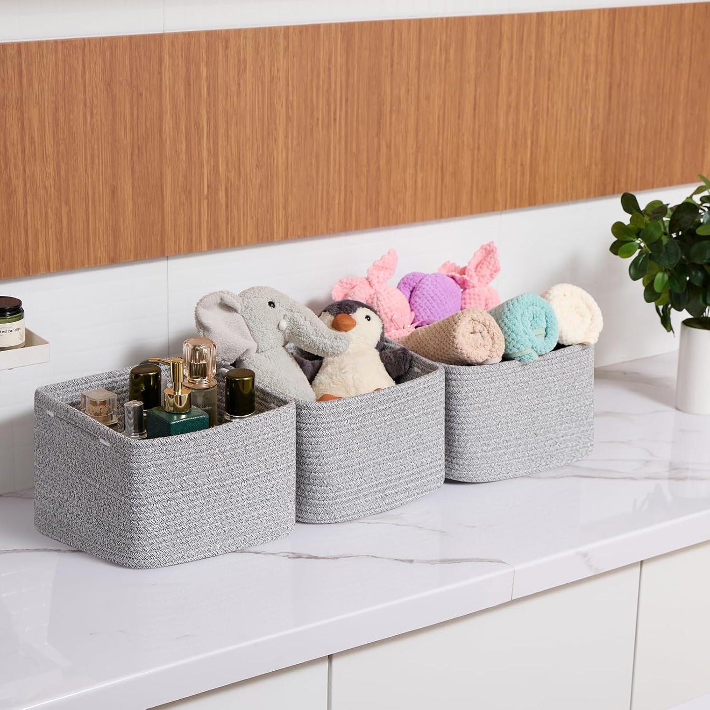 Small Organizing Baskets for Cubes Shelf, 9.7x9.7x7.1 Inch Rope Woven Storage Bins for Nursery Shelves Storage, Cute Toy Basket, Square 3 Packs Mixed Grey