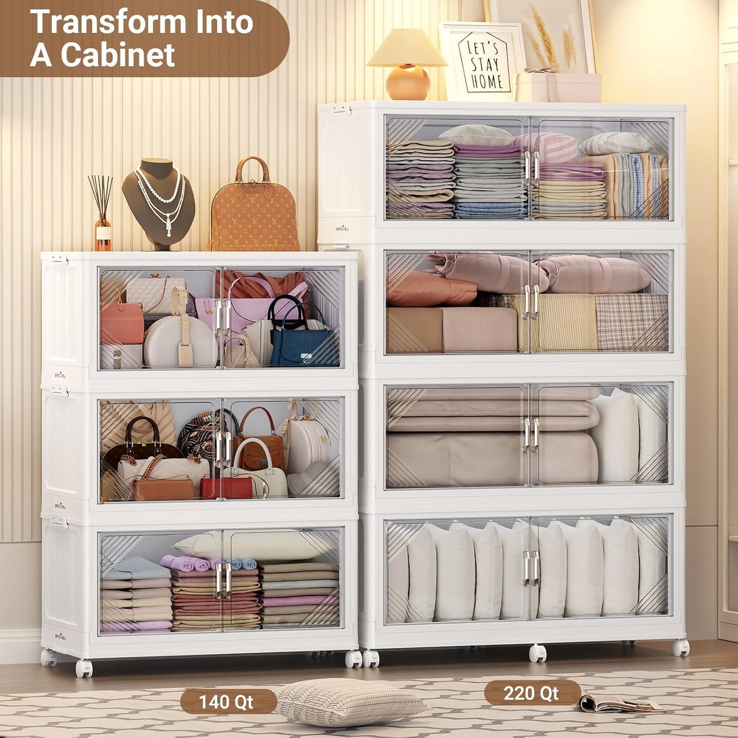 140Gal Plastic Stackable Storage Bins with Lid, 560QT Extra Large Closet Organizers Collapsible Cabinets Boxes with Drawers, Foldable Containers with 4X Wheels for Home Kitchen, V60 4Pack White