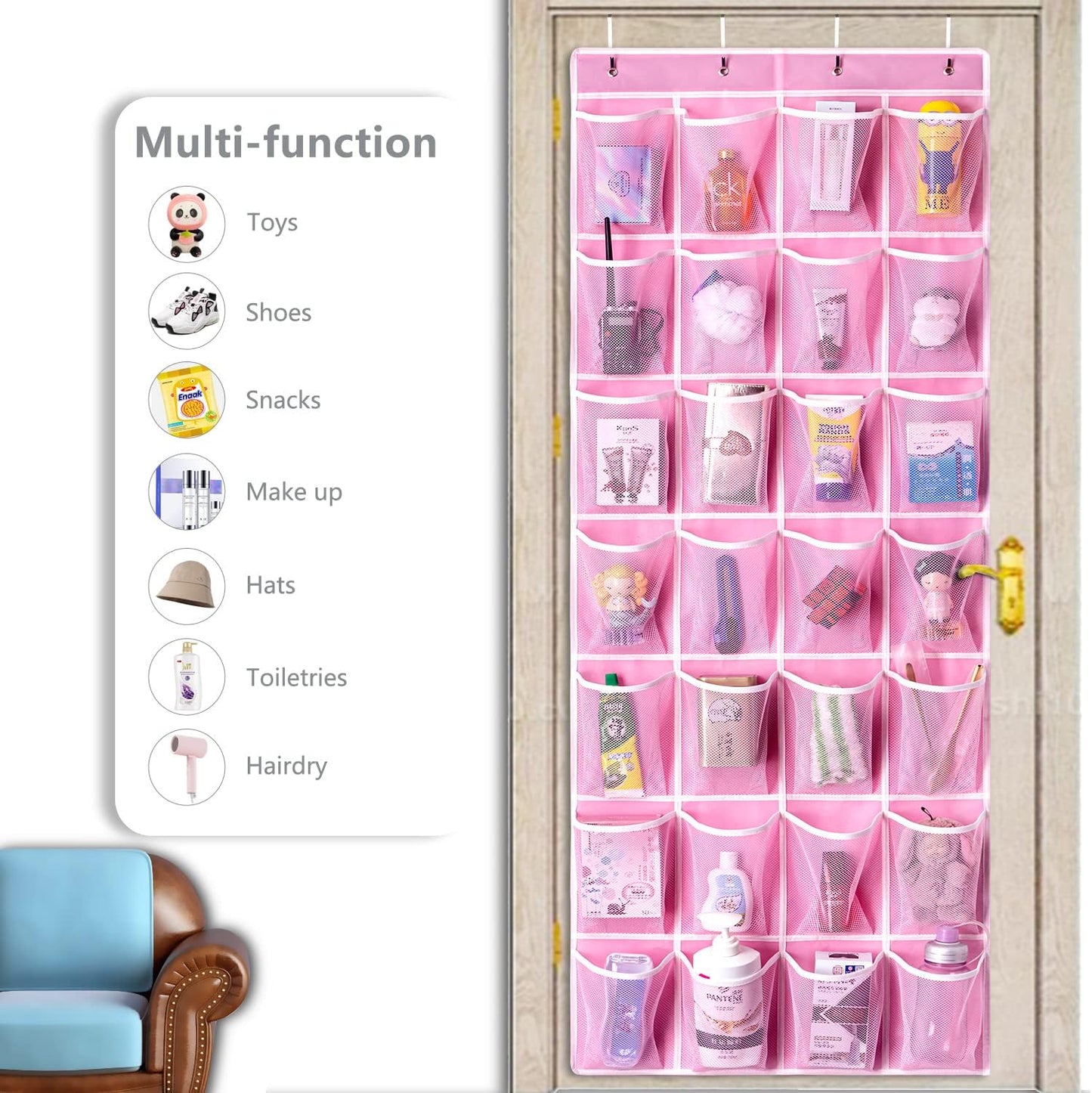 KEEPJOY 28 Pocket Over The Door Shoe Organizer, 2Pack Hanging Shoe Organizer for Door, Hanging Door Shoe Holder Rack with Mesh Pockets Large Size 65 x 23 inch (Pink-2Pack)