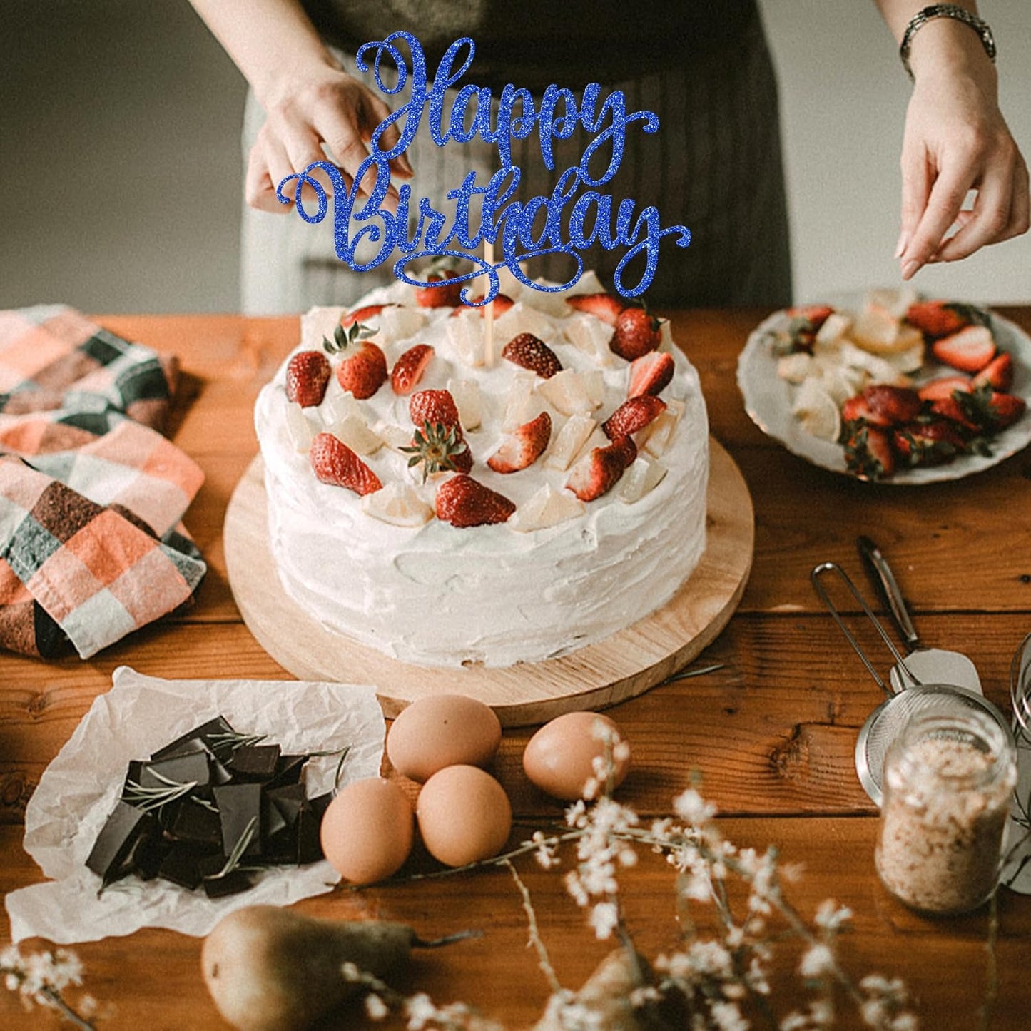 1 PCS Happy Birthday Cake Topper Glitter Happy Birthday Cake Pick Bunting Decor for Anniversary Celebrating Happy Birthday Party Cake Decorations Supplies Blue