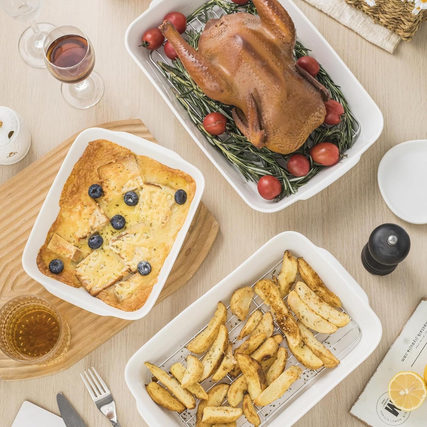 3 QT Wide Ceramic Baking Dish, White Casserole Dish with, Lasagna Pan for Oven, Ceramic Baking Pan, Kitchen Decor, Microwave Oven Safe, Dinner, Wedding (9.4" x 11.8")