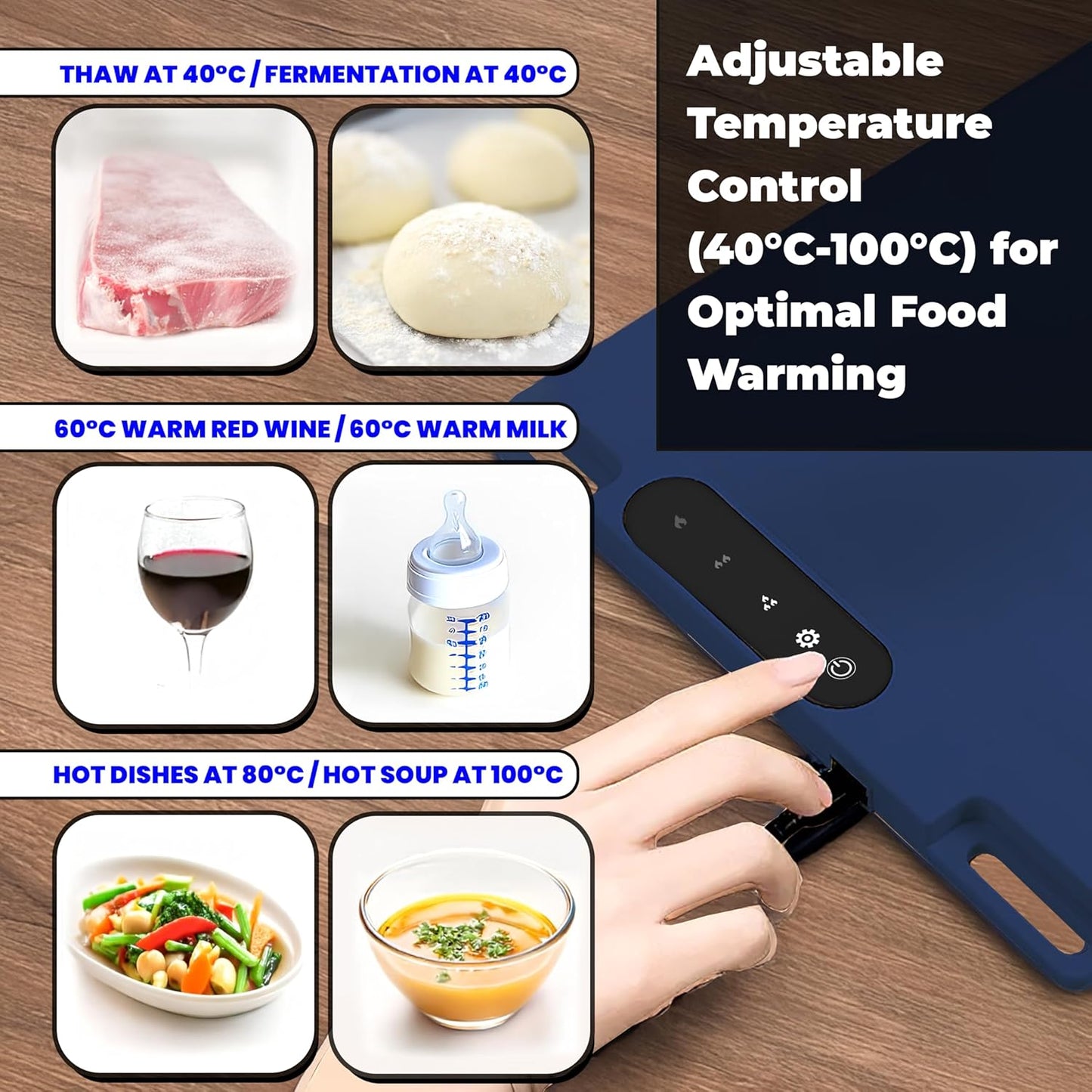 OMEO Food Warming Mat - Electric Warming Tray with 3 Temperature Settings and 1-4 Hours Timer, Full Surface Graphene Food Warmer, Premium Rollable Silicone Heating Mat Food, Gatherings, Parties(Blue)