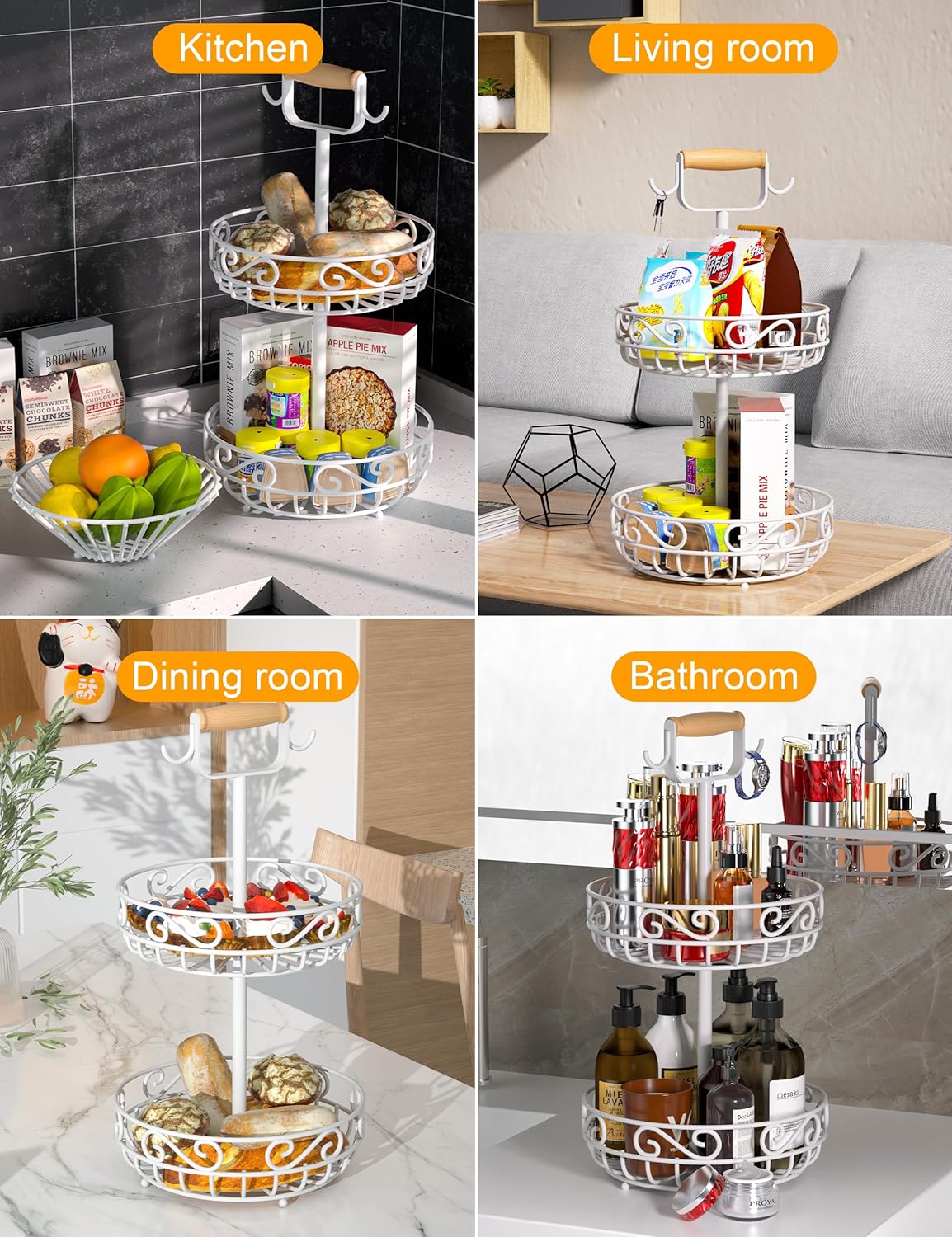 2-Tier ๐
๐ซ๐ฎ๐ข๐ญ ๐๐๐ฌ๐ค๐๐ญ and Fruit Bowl - Fruit and Vegetable Storage with Banana Tree Hanger and Wood Handle, Fruit Basket for Kitchen Counter, for Bread Onions Potatoes Veggies Produce