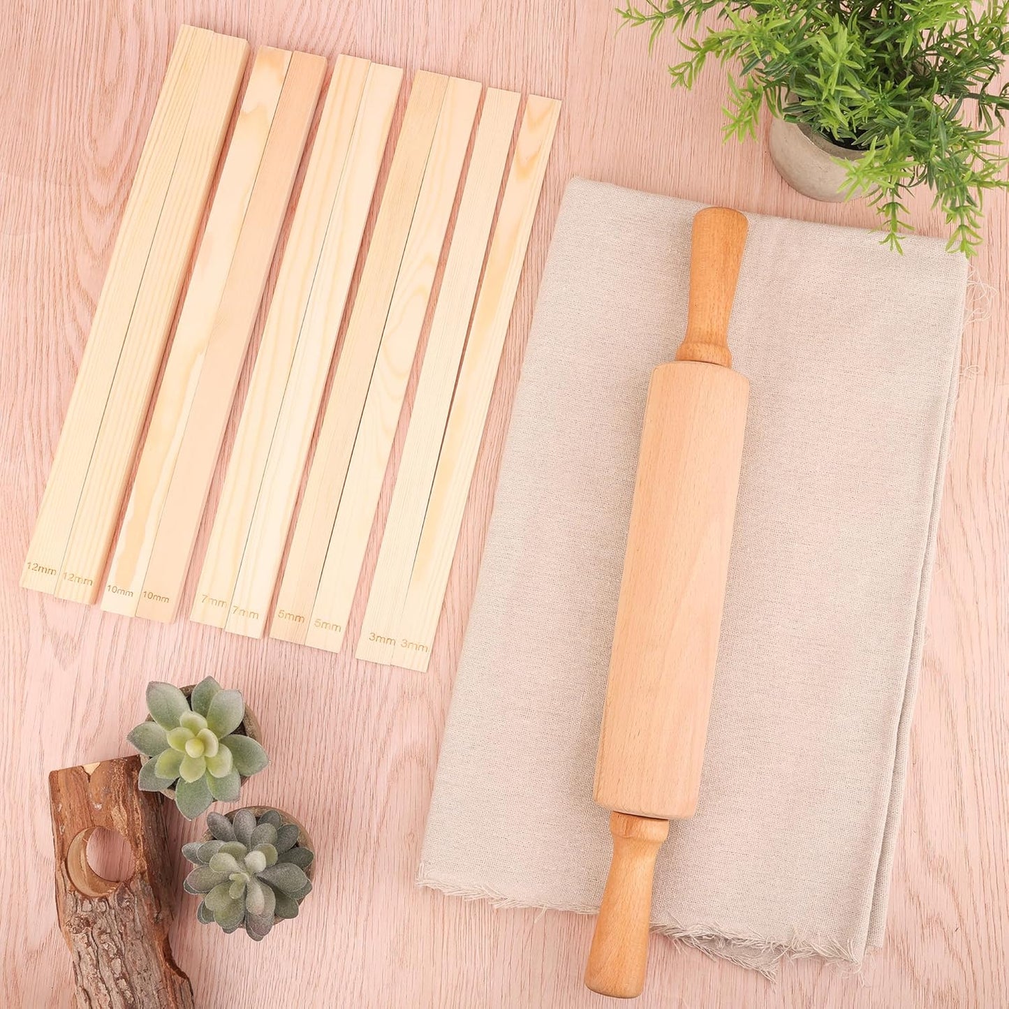 12 Pcs Pottery Tools Teaching Set, Include17in Slab Roller for Clay Pottery and 10 Pcs 5 Size Wooden Rolling Pin Guides, 1 Linen Tablecloth for Ceramic Clay Making